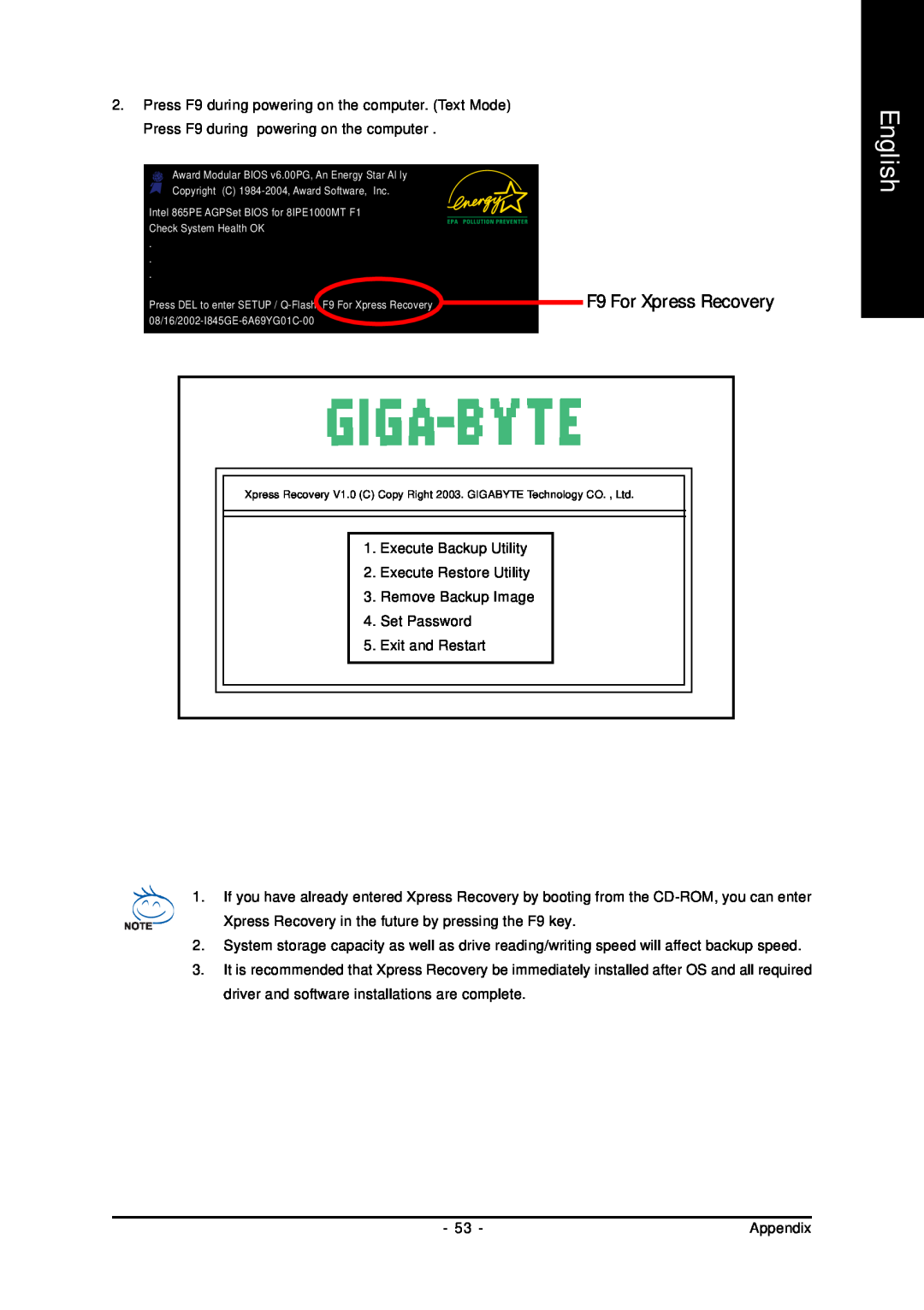 Gigabyte GA-8I865GMK-775 F9 For Xpress Recovery, English, Execute Backup Utility, Execute Restore Utility, Set Password 