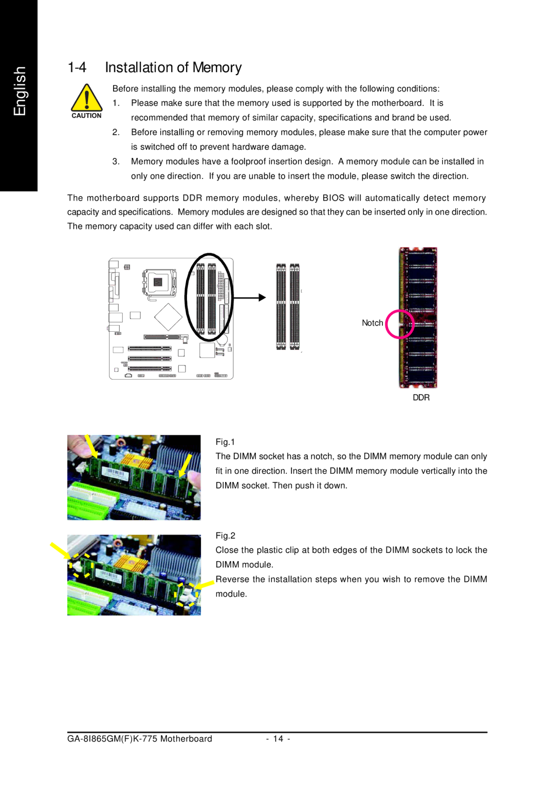 Gigabyte GA-8I865GMFK-775, GA-8I865GMK-775 user manual Installation of Memory 