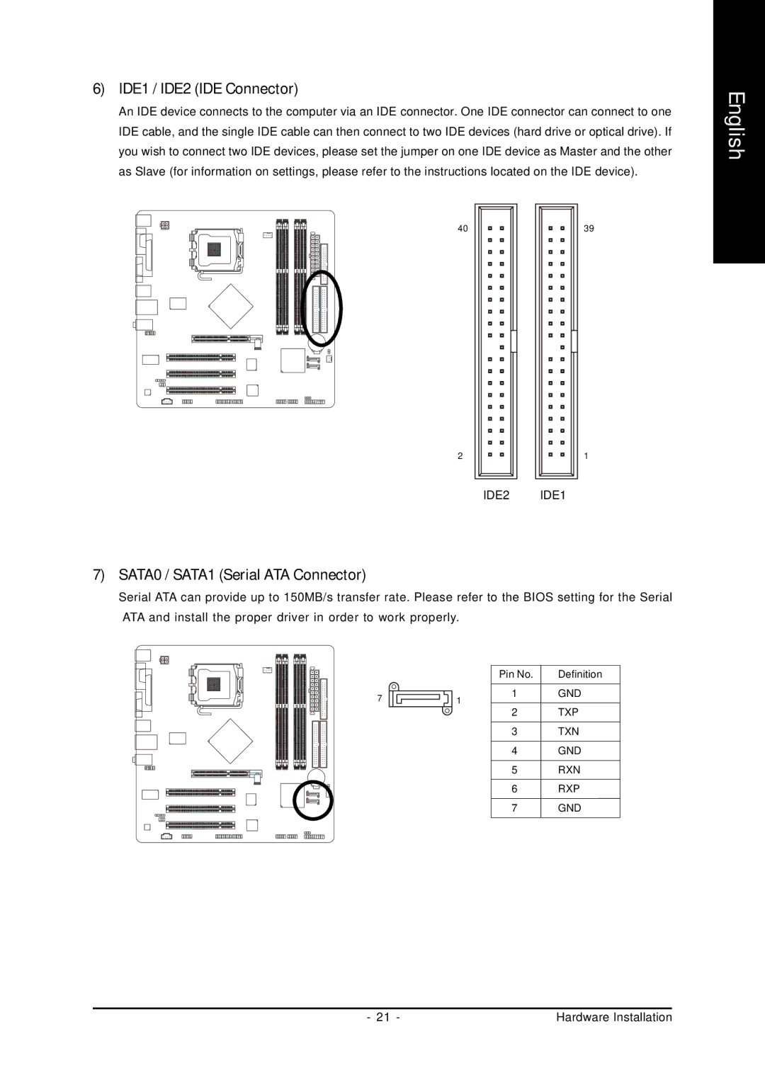 Gigabyte GA-8I865GMK-775, GA-8I865GMFK-775 user manual IDE1 / IDE2 IDE Connector, SATA0 / SATA1 Serial ATA Connector 