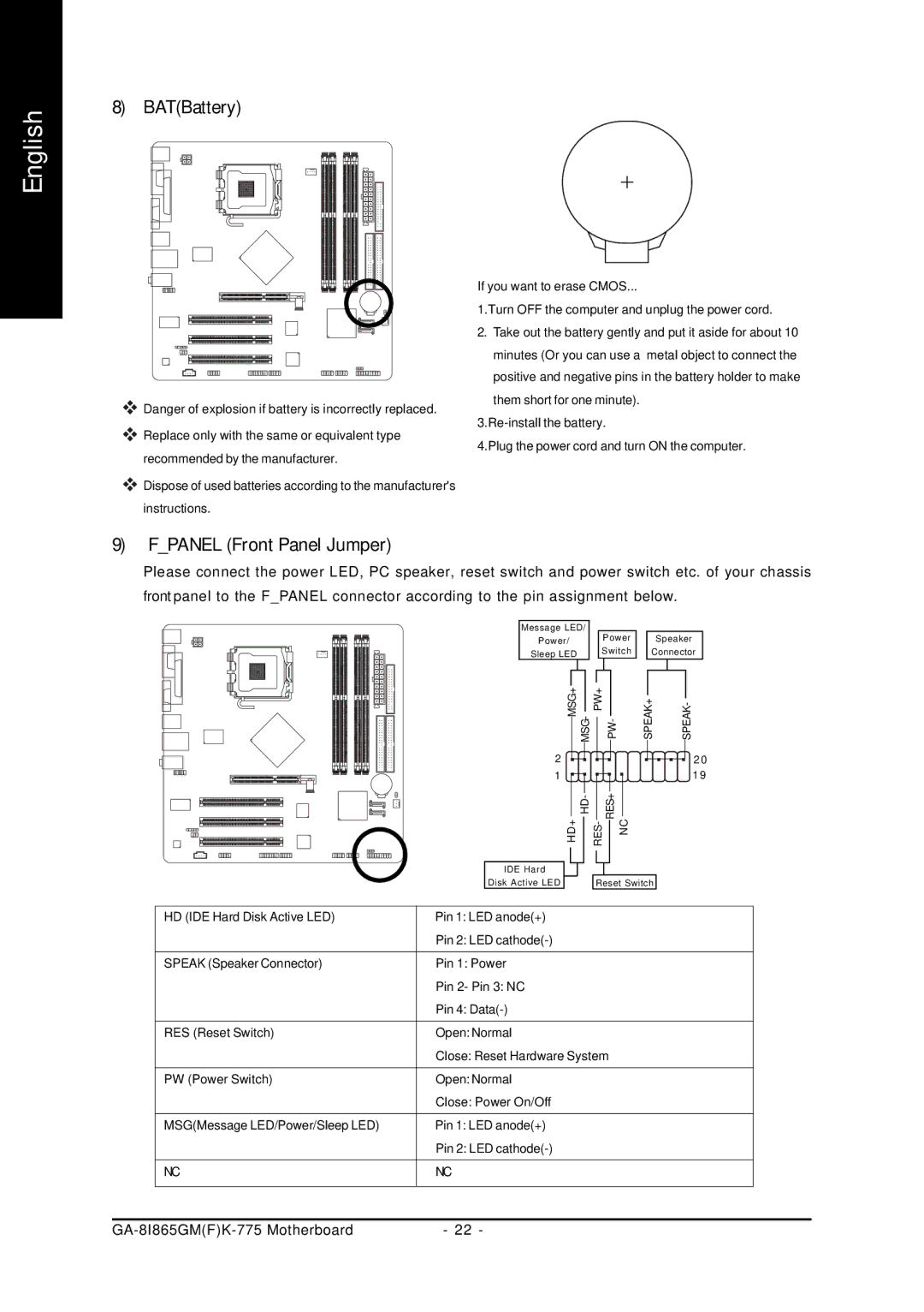 Gigabyte GA-8I865GMFK-775, GA-8I865GMK-775 user manual BATBattery, Fpanel Front Panel Jumper 