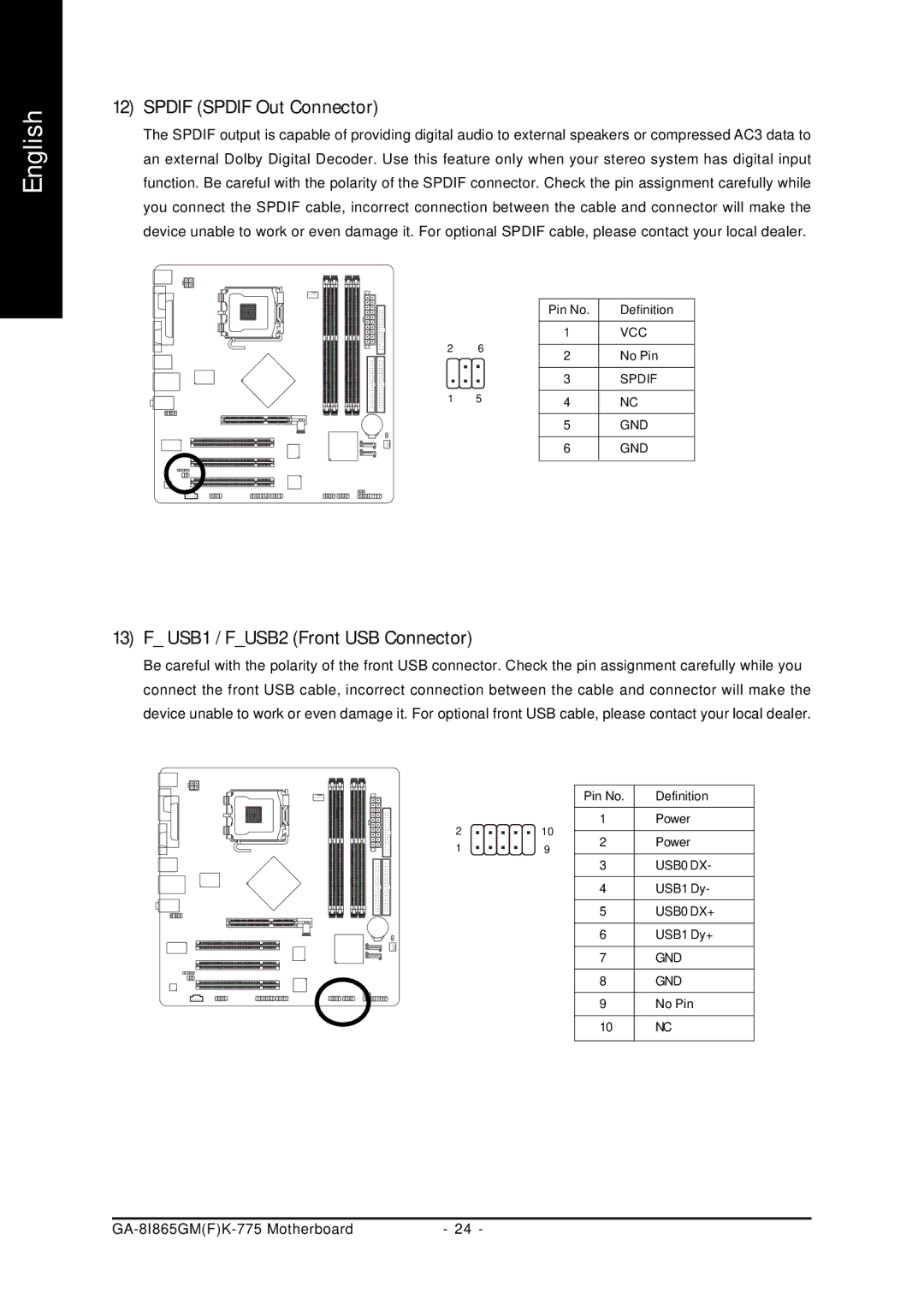 Gigabyte GA-8I865GMFK-775, GA-8I865GMK-775 user manual Spdif Spdif Out Connector, USB1 / FUSB2 Front USB Connector 