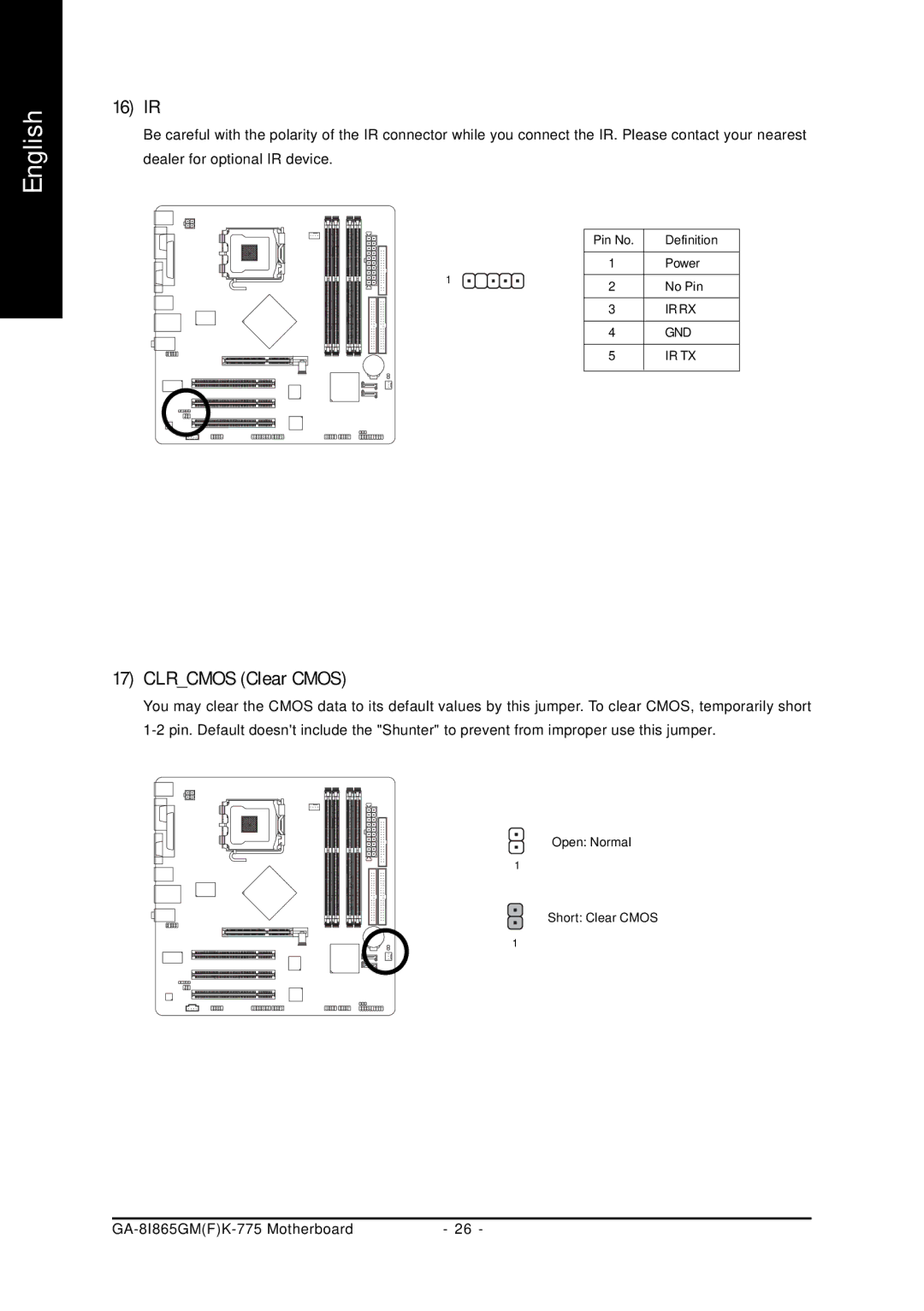 Gigabyte GA-8I865GMFK-775, GA-8I865GMK-775 user manual 16 IR, Clrcmos Clear Cmos 