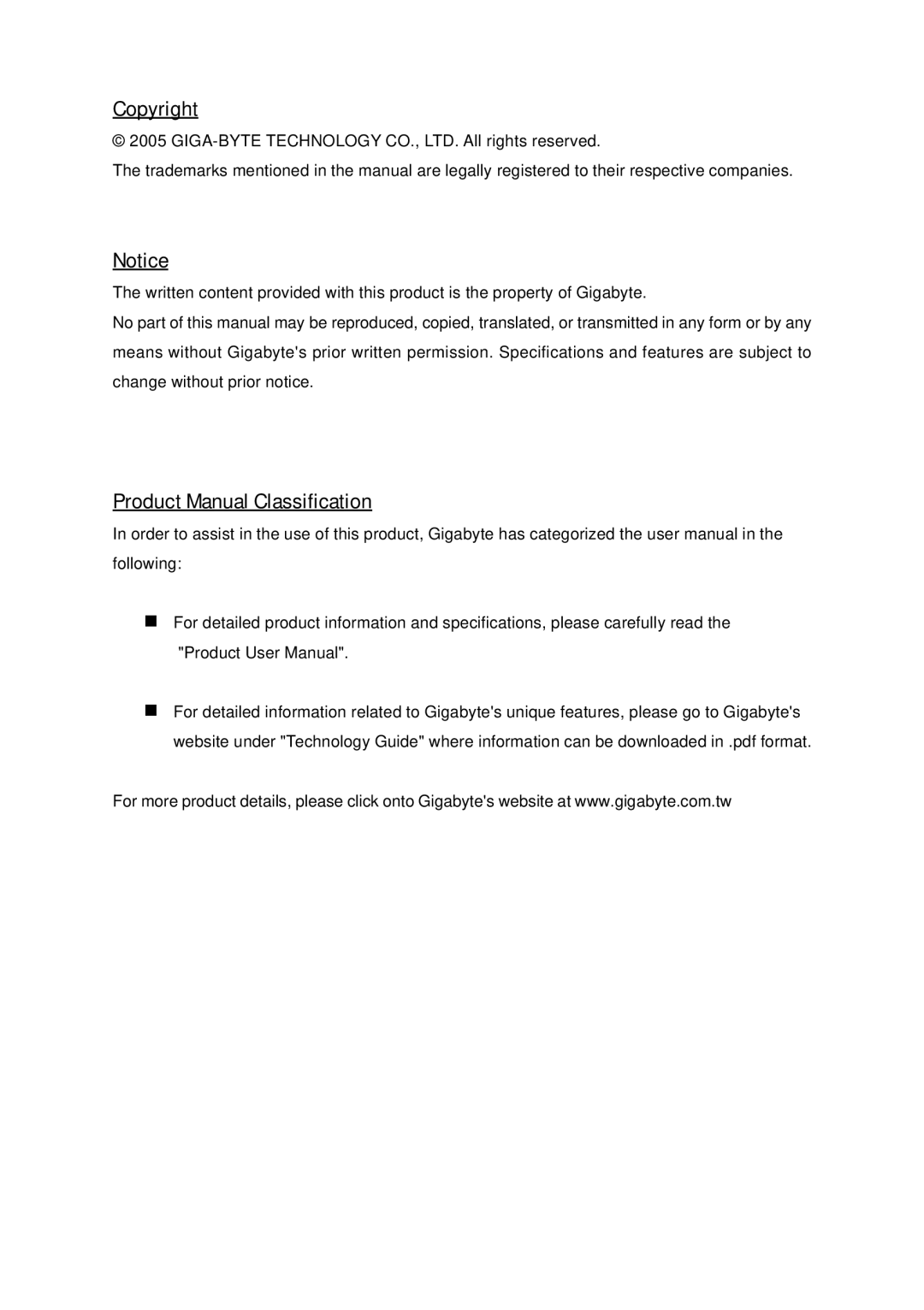 Gigabyte GA-8I865GMK-775, GA-8I865GMFK-775 user manual Copyright, Product Manual Classification 