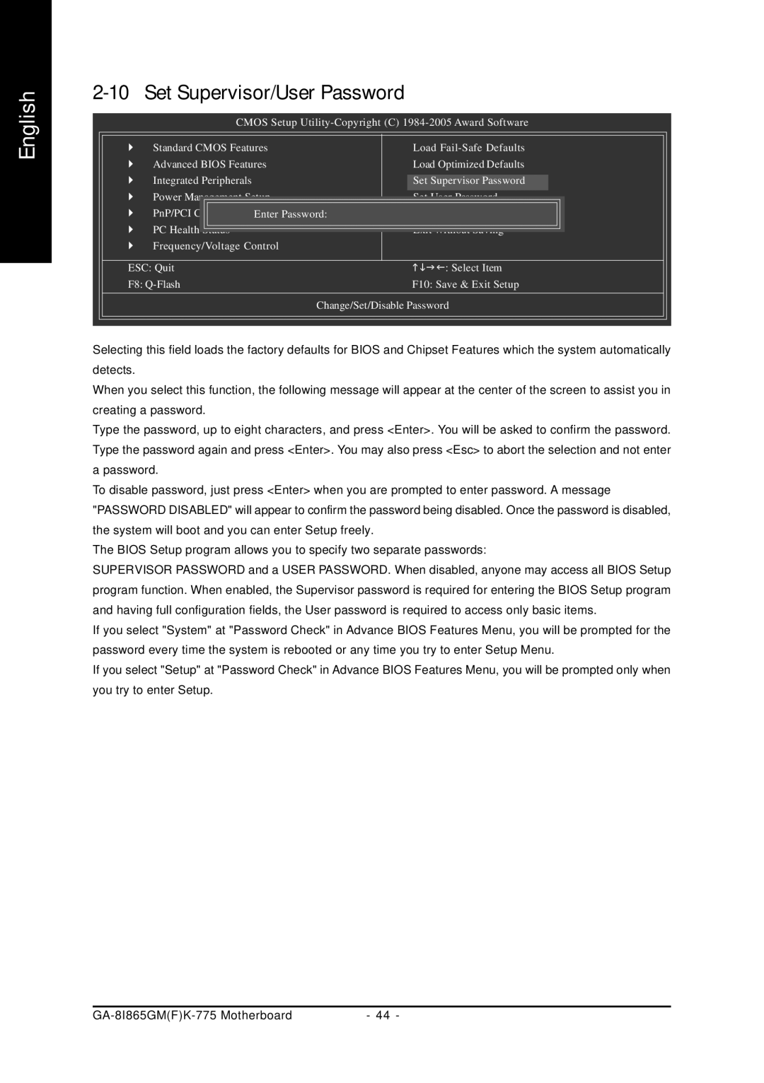 Gigabyte GA-8I865GMFK-775, GA-8I865GMK-775 user manual Set Supervisor/User Password 