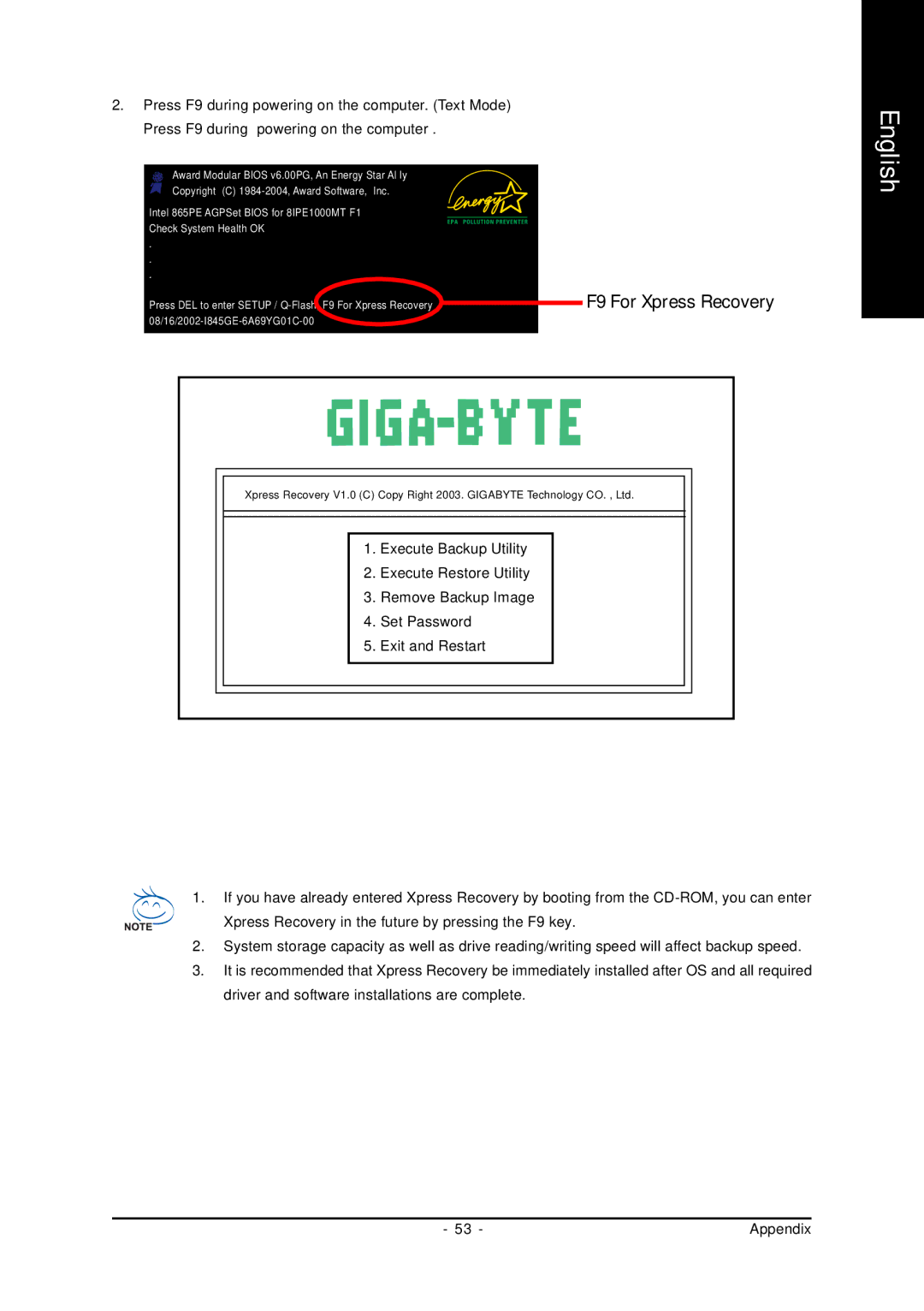 Gigabyte GA-8I865GMK-775, GA-8I865GMFK-775 user manual F9 For Xpress Recovery 