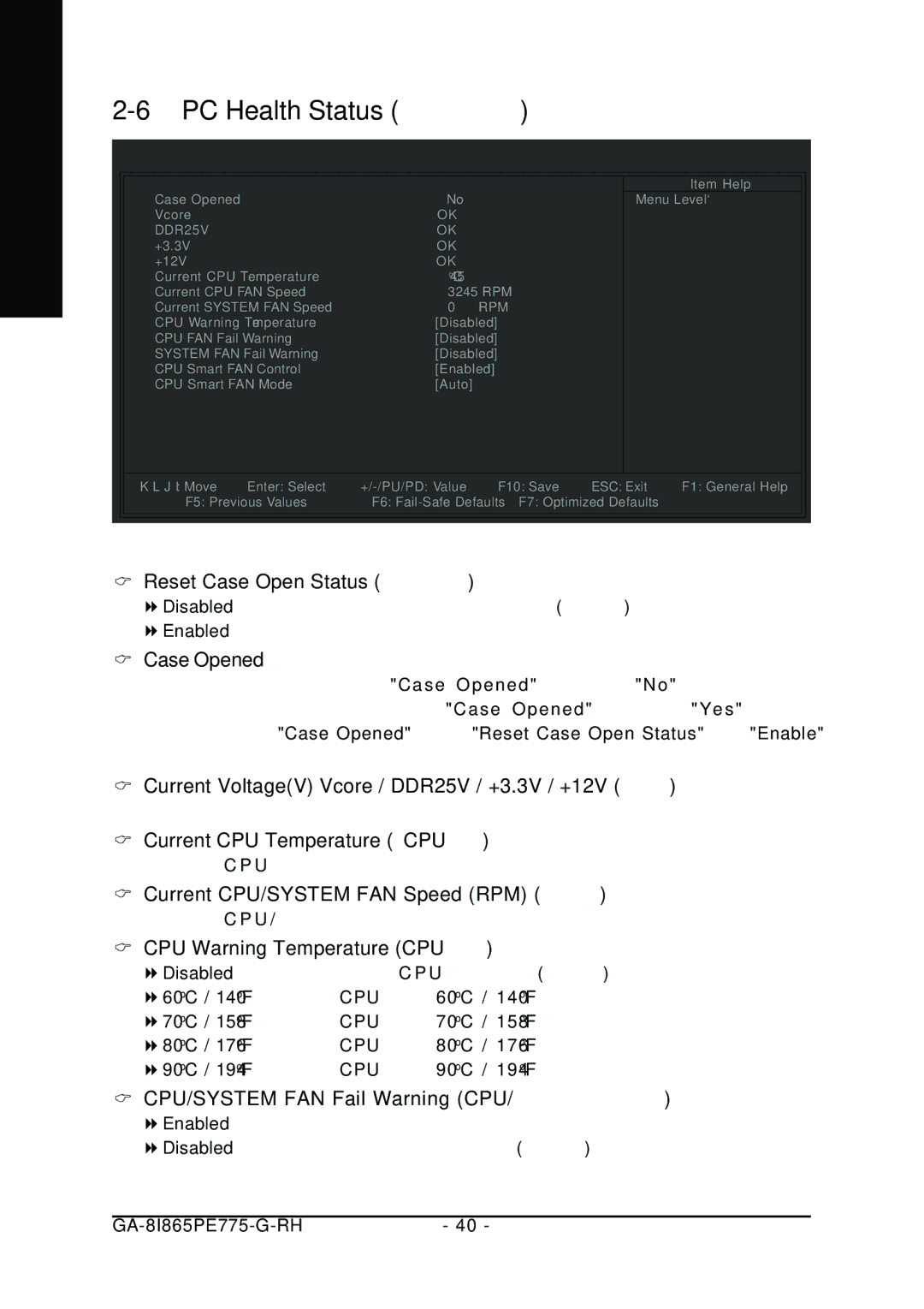 Gigabyte GA-8I865PE775-G-RH manual PC Health Status, CPU/SYSTEM FAN Fail Warning CPU 