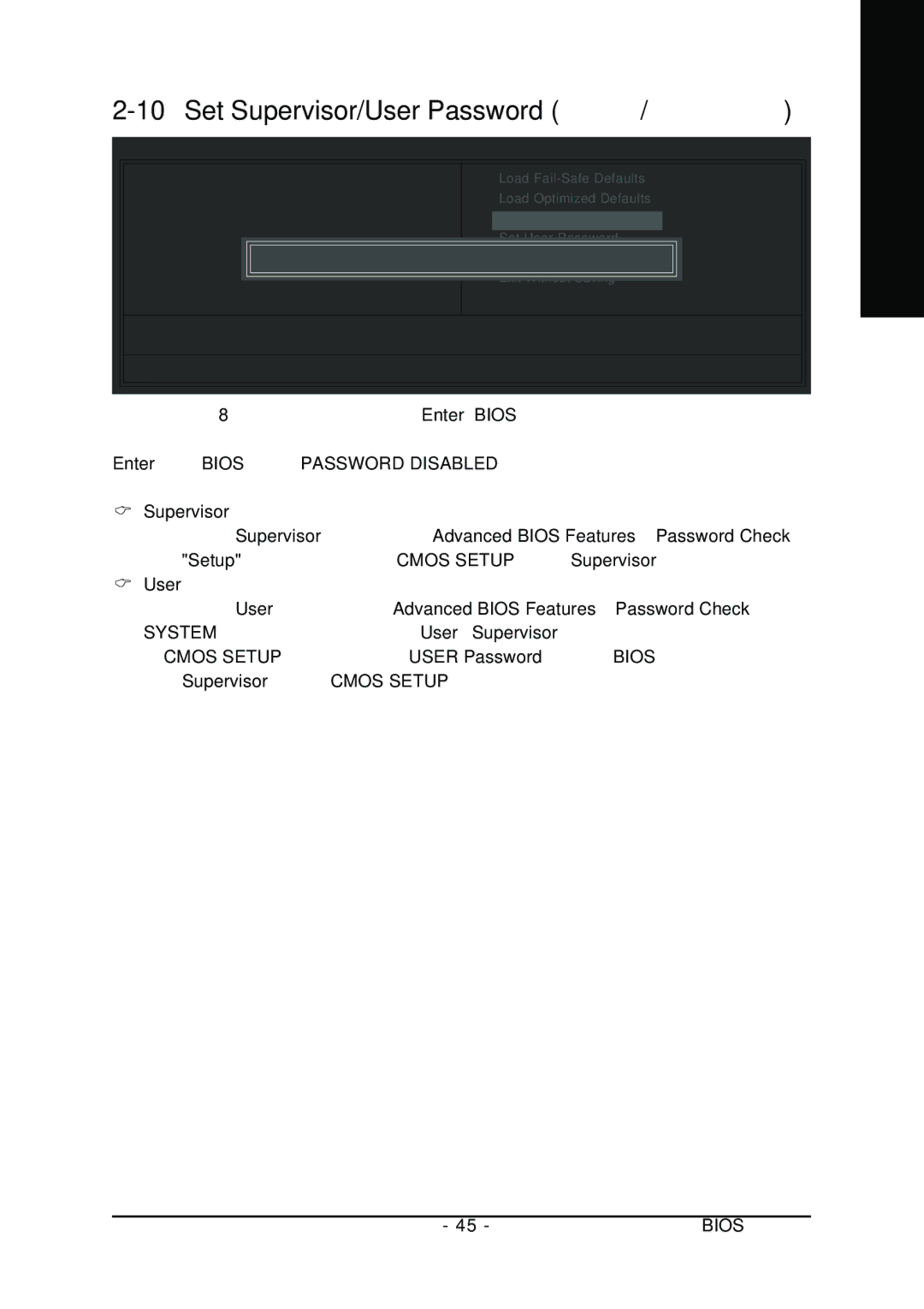 Gigabyte GA-8I865PE775-G-RH manual Set Supervisor/User Password, Bios Password Disabled 