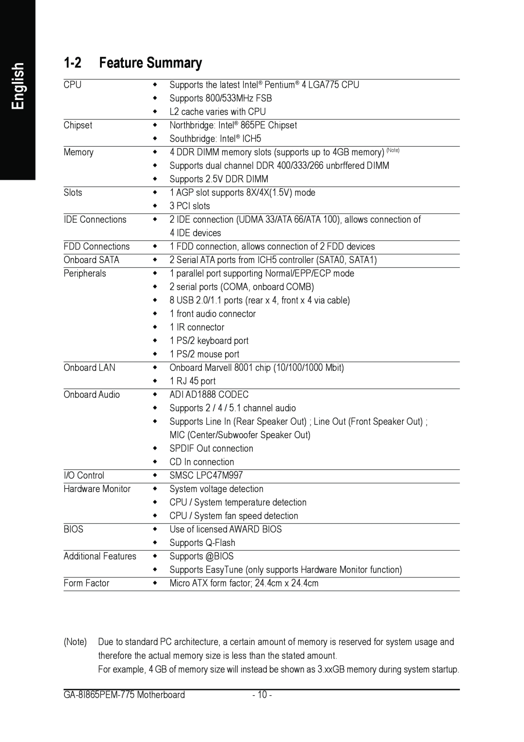 Gigabyte GA-8I865PEM-775 user manual Feature Summary, English, Hardware Monitor 