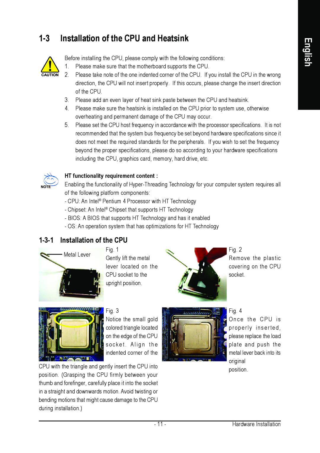 Gigabyte GA-8I865PEM-775 user manual Installation of the CPU and Heatsink, English 