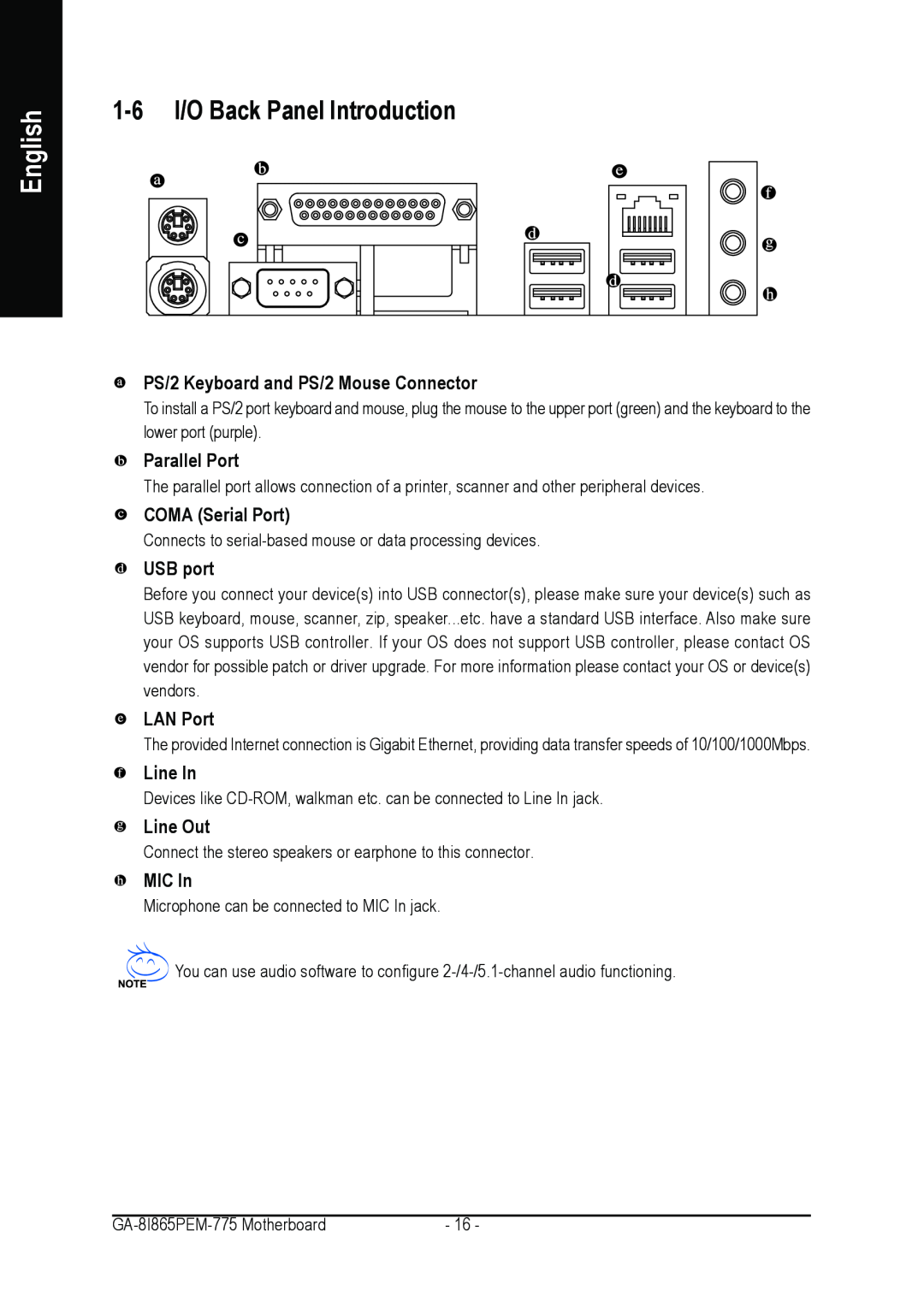 Gigabyte GA-8I865PEM-775 1-6 I/O Back Panel Introduction, PS/2 Keyboard and PS/2 Mouse Connector, Parallel Port, USB port 