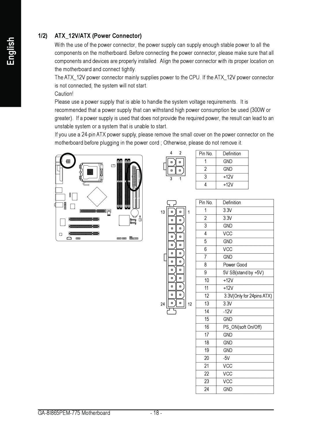Gigabyte GA-8I865PEM-775 user manual 1/2 ATX12V/ATX Power Connector, English 