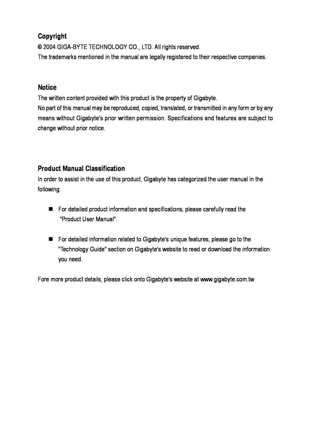 Gigabyte GA-8I865PEM-775 user manual Copyright, Product Manual Classification 