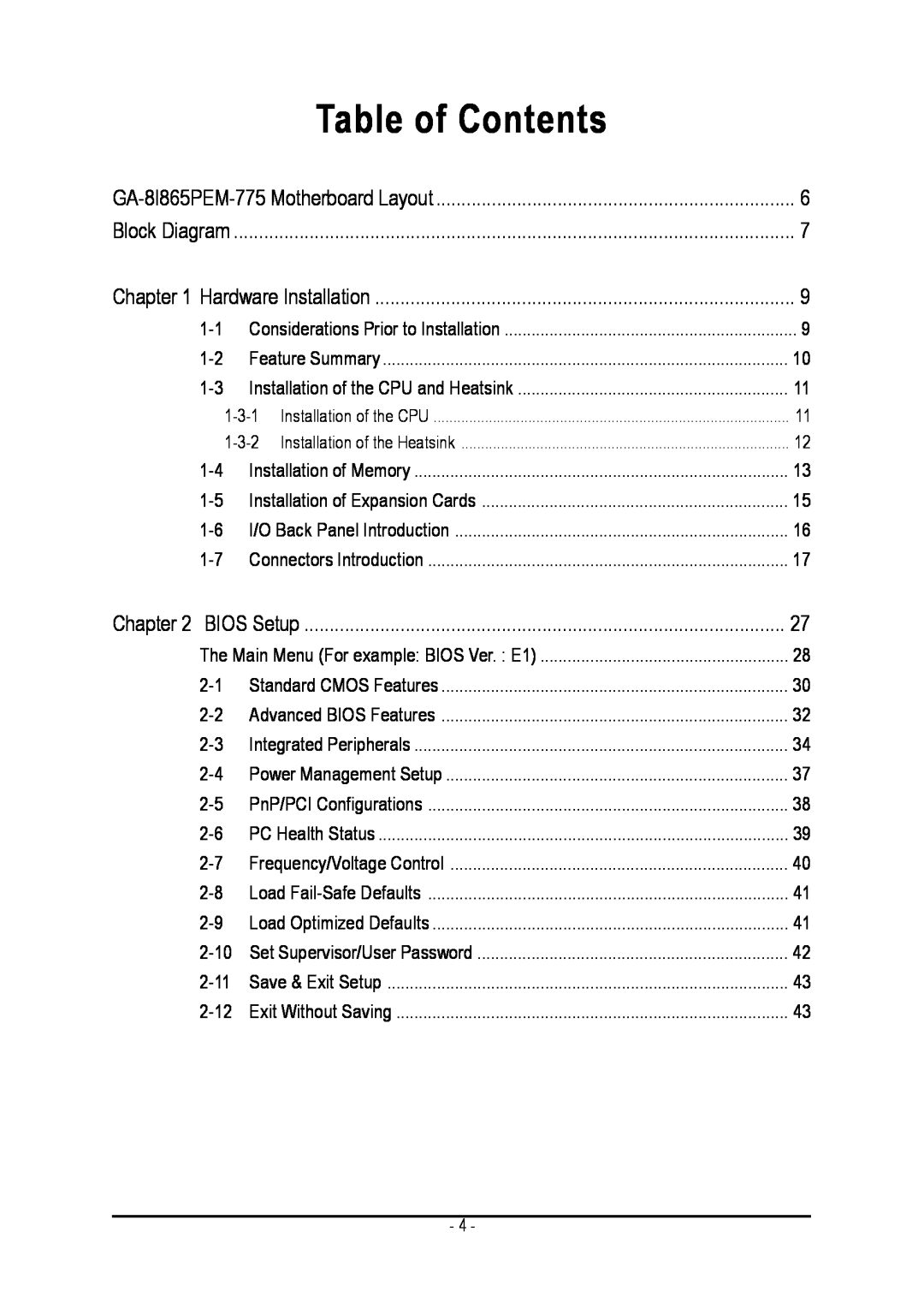 Gigabyte GA-8I865PEM-775 user manual Table of Contents 