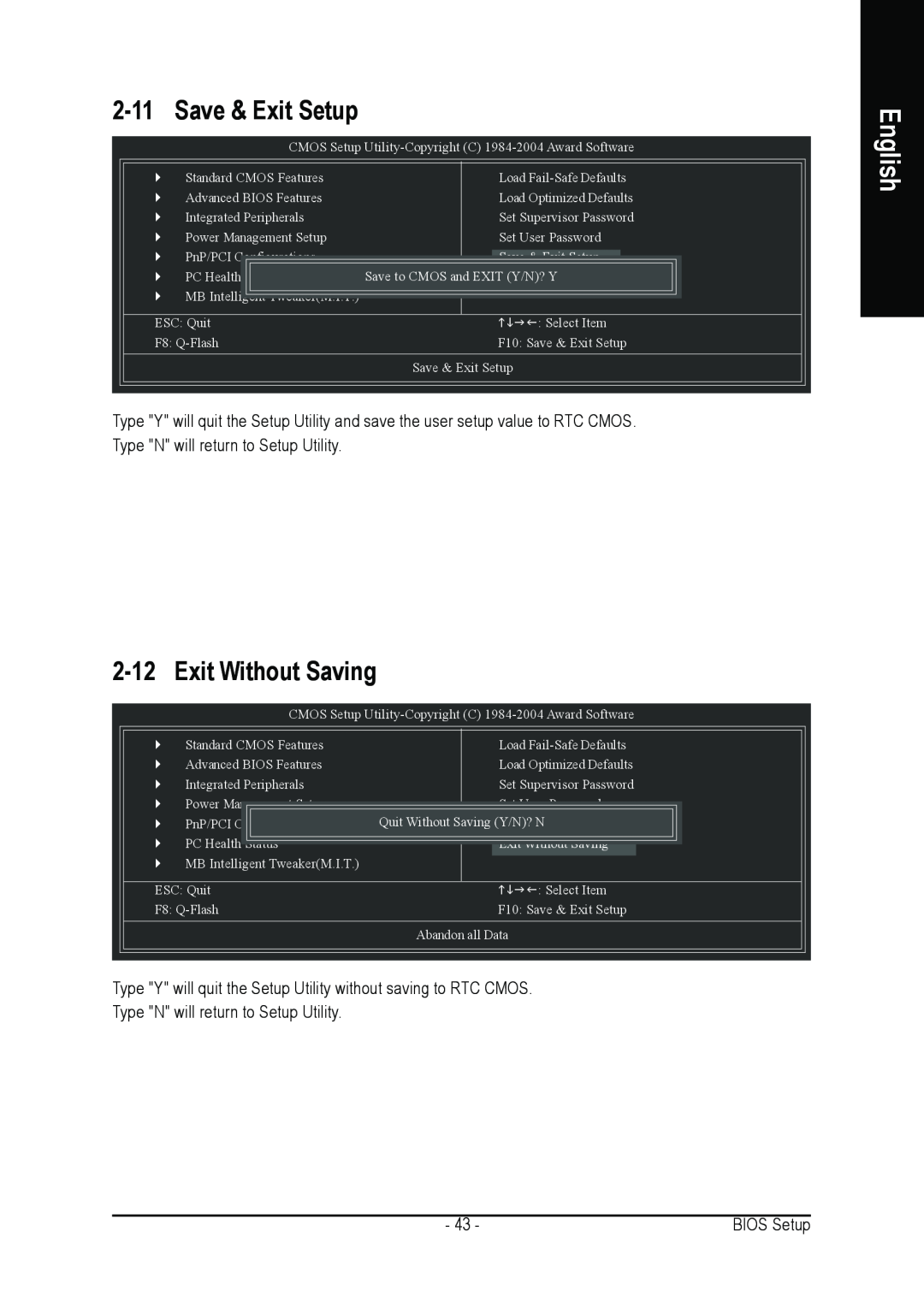 Gigabyte GA-8I865PEM-775 user manual Save & Exit Setup, Exit Without Saving, English, Type N will return to Setup Utility 