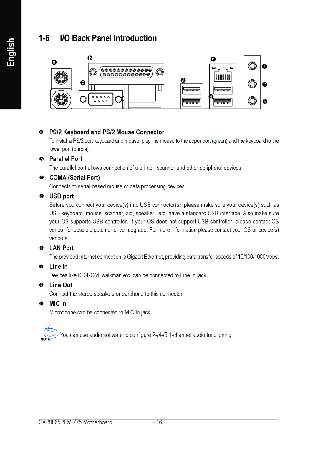 Gigabyte GA-8I865PEM-775 user manual I/O Back Panel Introduction 