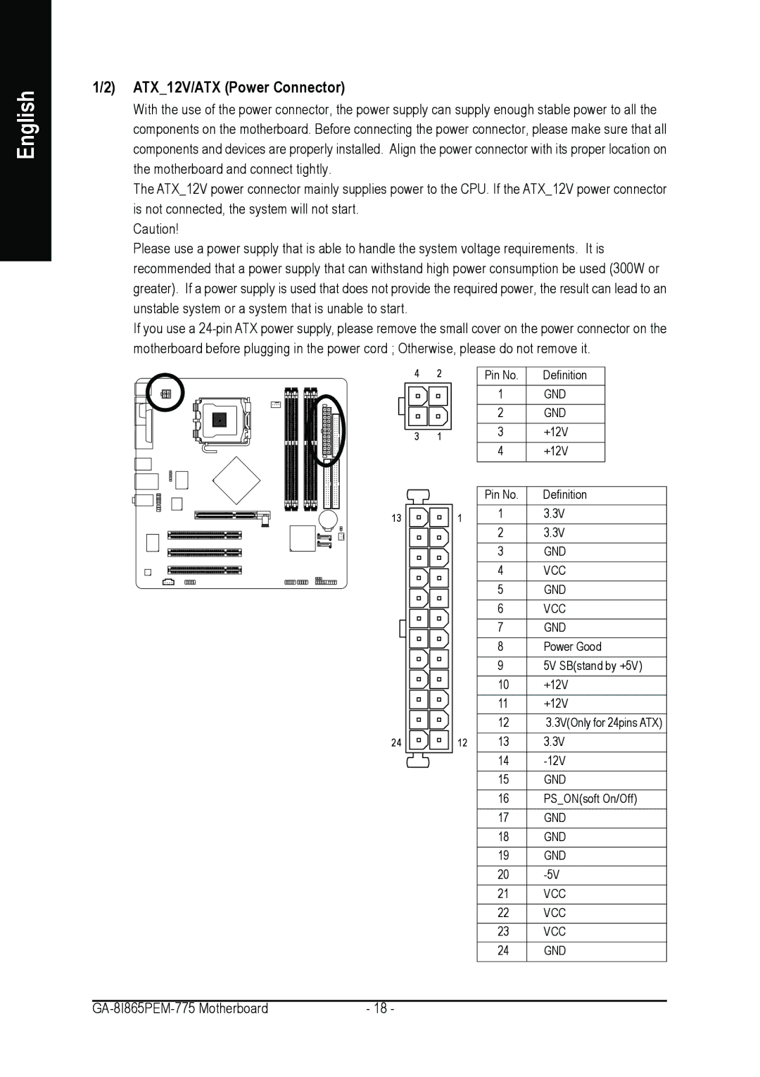 Gigabyte GA-8I865PEM-775 user manual ATX12V/ATX Power Connector 