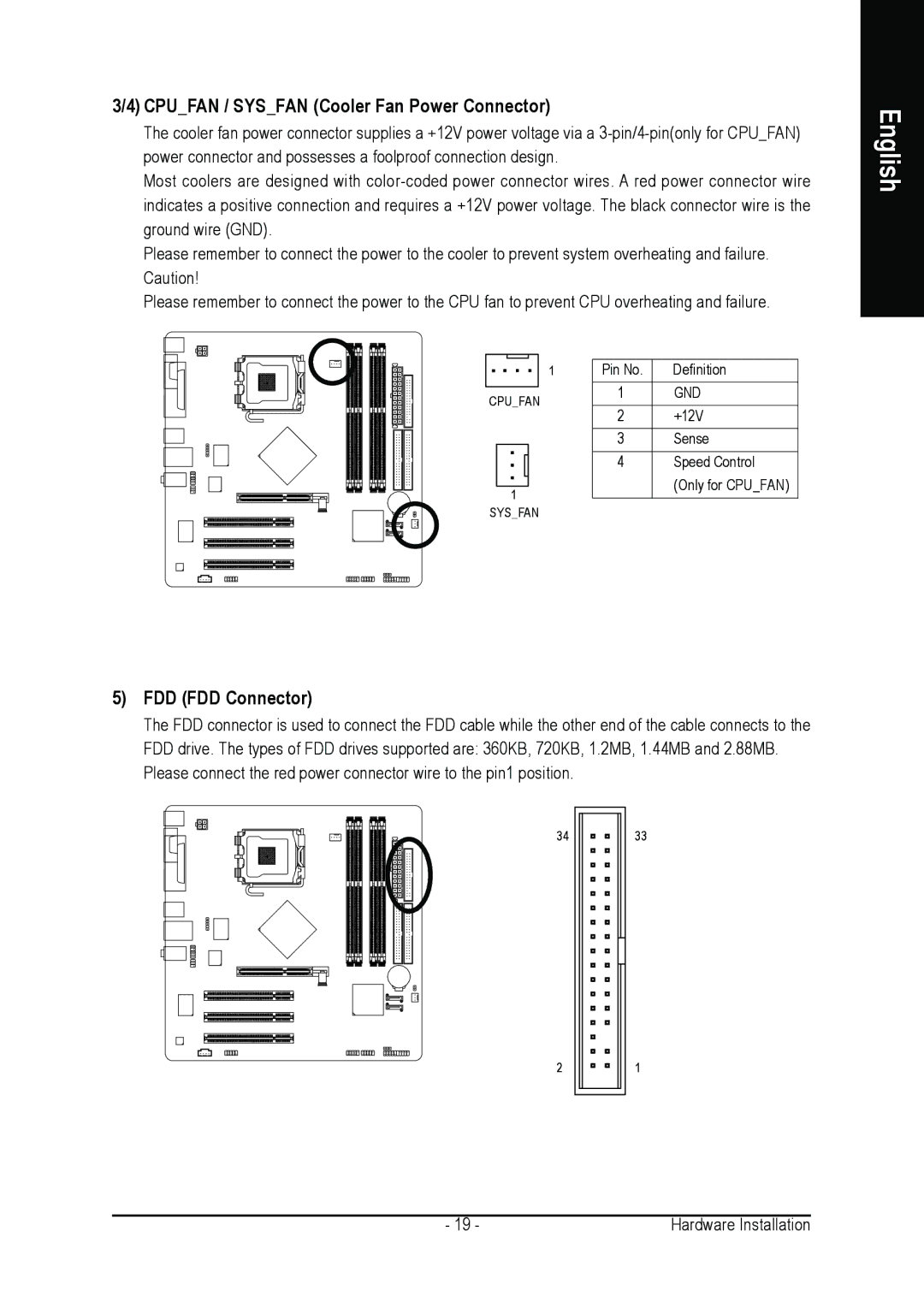 Gigabyte GA-8I865PEM-775 user manual Cpufan / Sysfan Cooler Fan Power Connector, FDD FDD Connector 