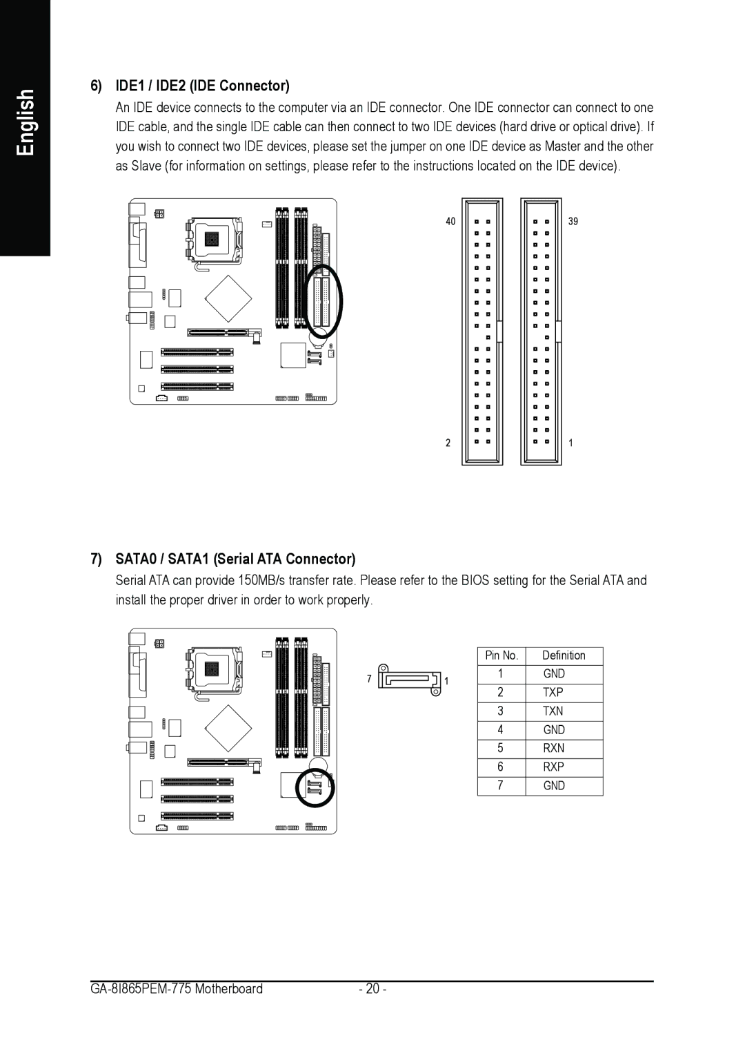 Gigabyte GA-8I865PEM-775 user manual IDE1 / IDE2 IDE Connector, SATA0 / SATA1 Serial ATA Connector 