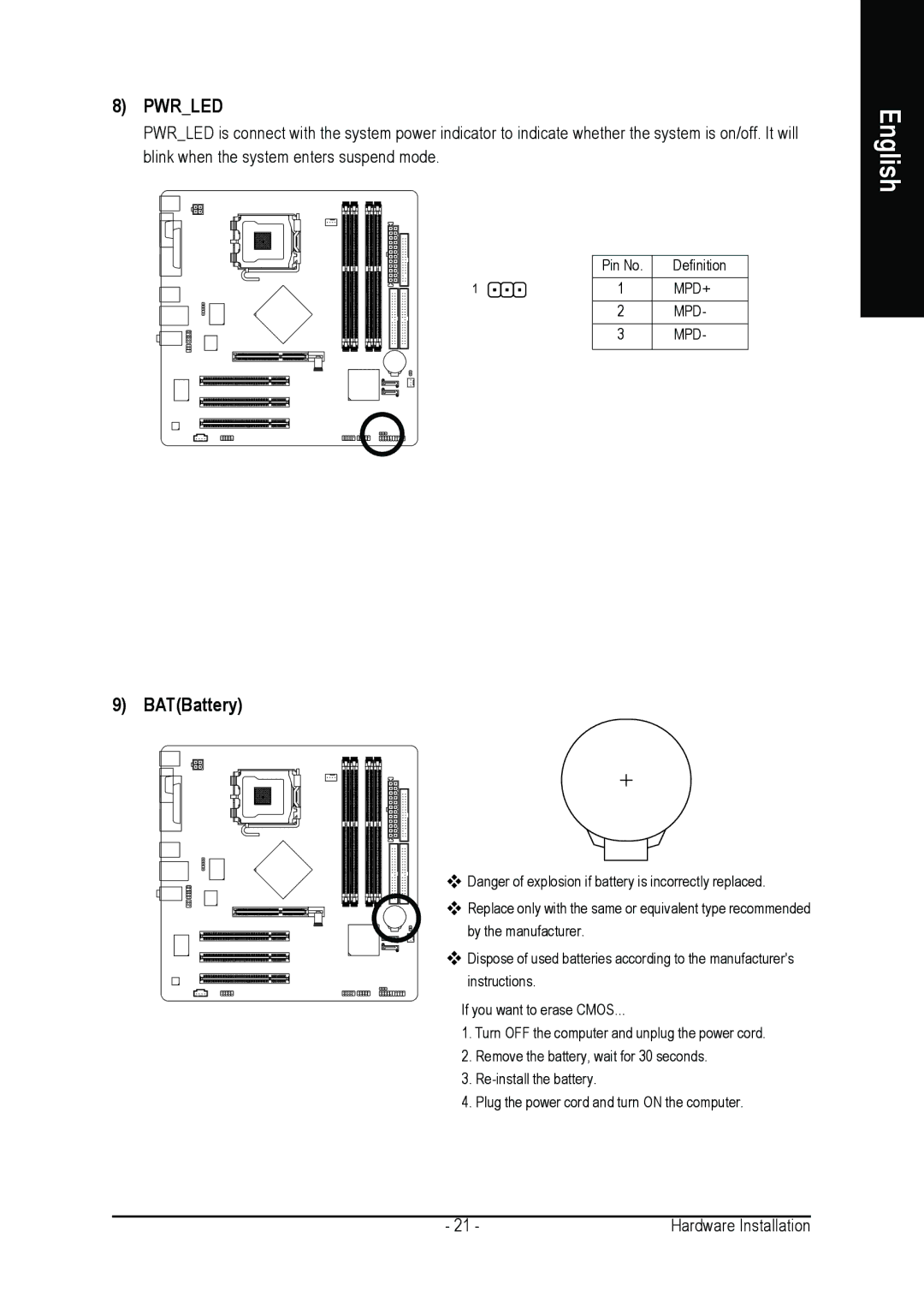 Gigabyte GA-8I865PEM-775 user manual Pwrled, BATBattery 