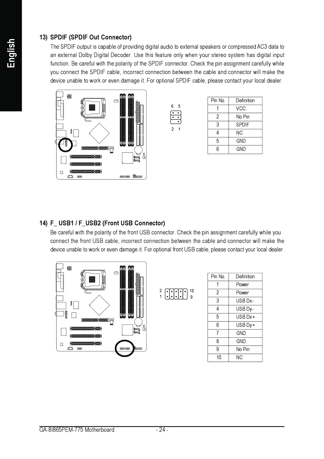 Gigabyte GA-8I865PEM-775 user manual Spdif Spdif Out Connector, USB1 / FUSB2 Front USB Connector 