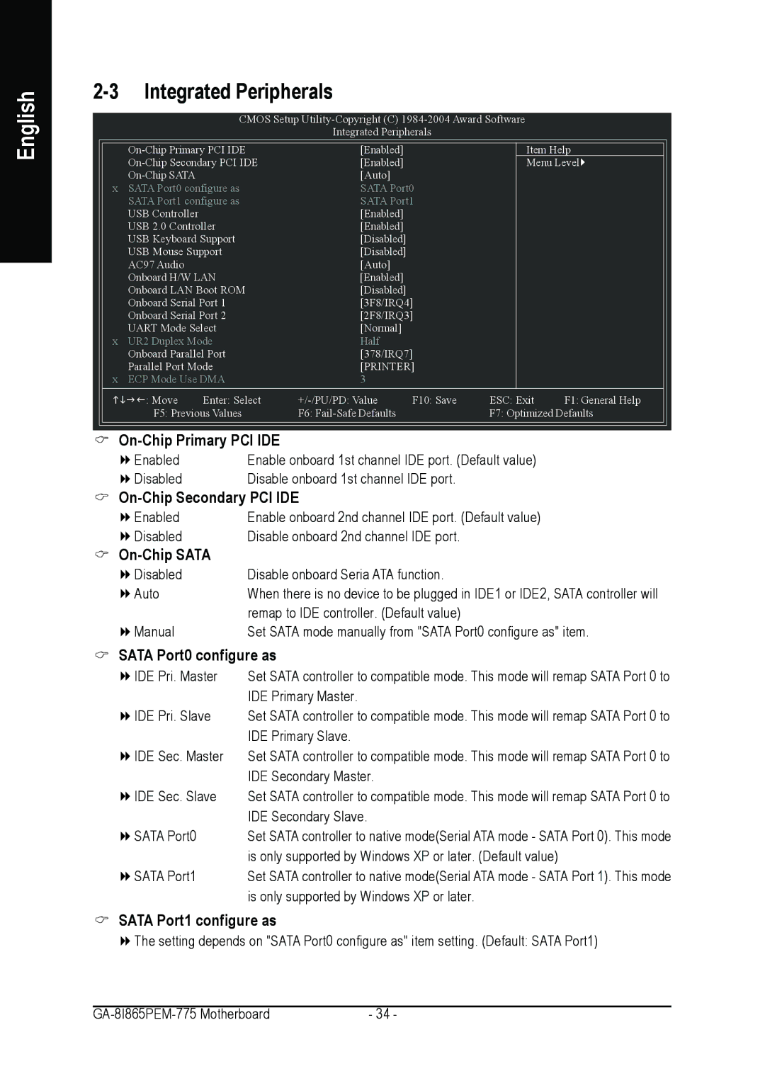 Gigabyte GA-8I865PEM-775 user manual Integrated Peripherals, Sata Port1 configure as 