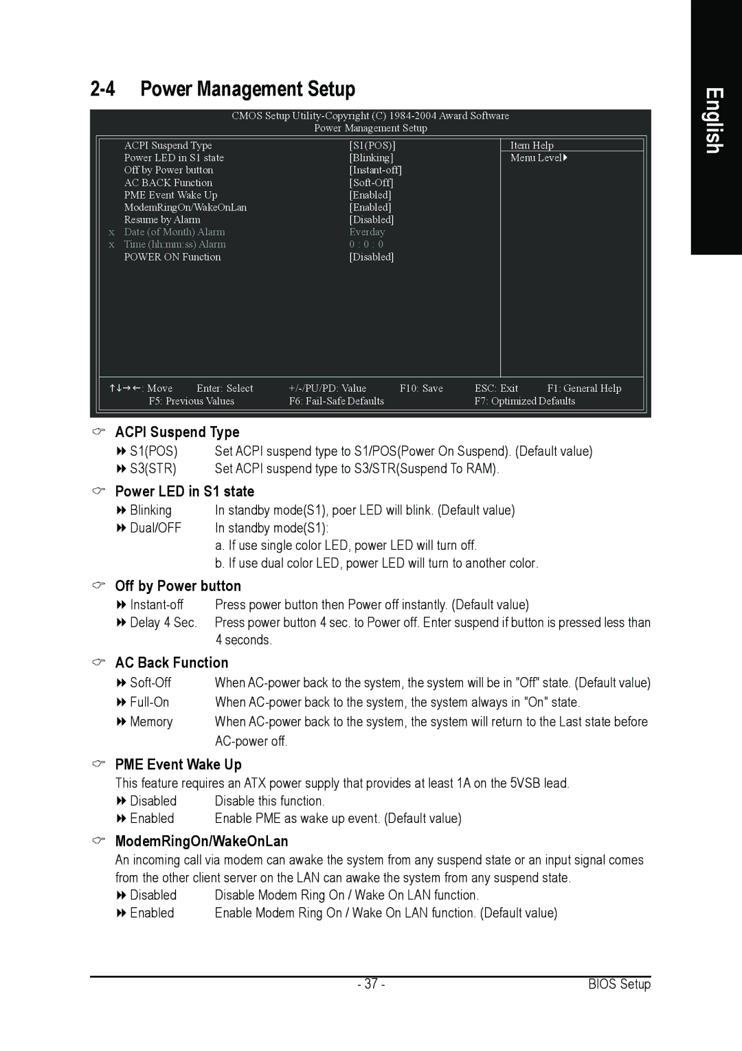 Gigabyte GA-8I865PEM-775 user manual Power Management Setup, AC Back Function, PME Event Wake Up, ModemRingOn/WakeOnLan 