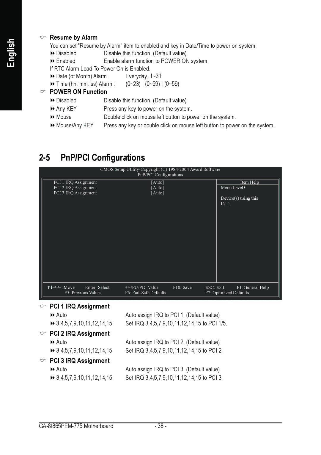 Gigabyte GA-8I865PEM-775 user manual PnP/PCI Configurations, Resume by Alarm, Power on Function 