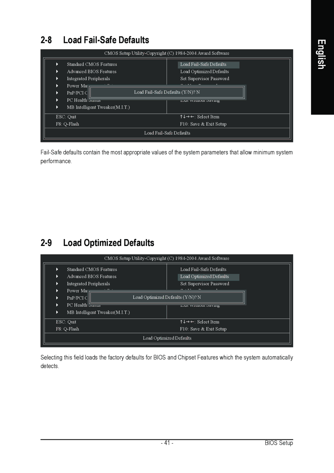 Gigabyte GA-8I865PEM-775 user manual Load Fail-Safe Defaults, Load Optimized Defaults 