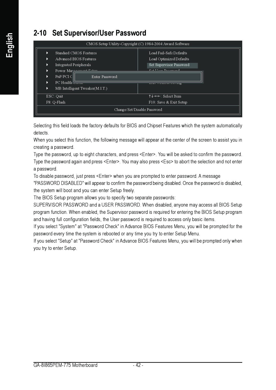 Gigabyte GA-8I865PEM-775 user manual Set Supervisor/User Password 