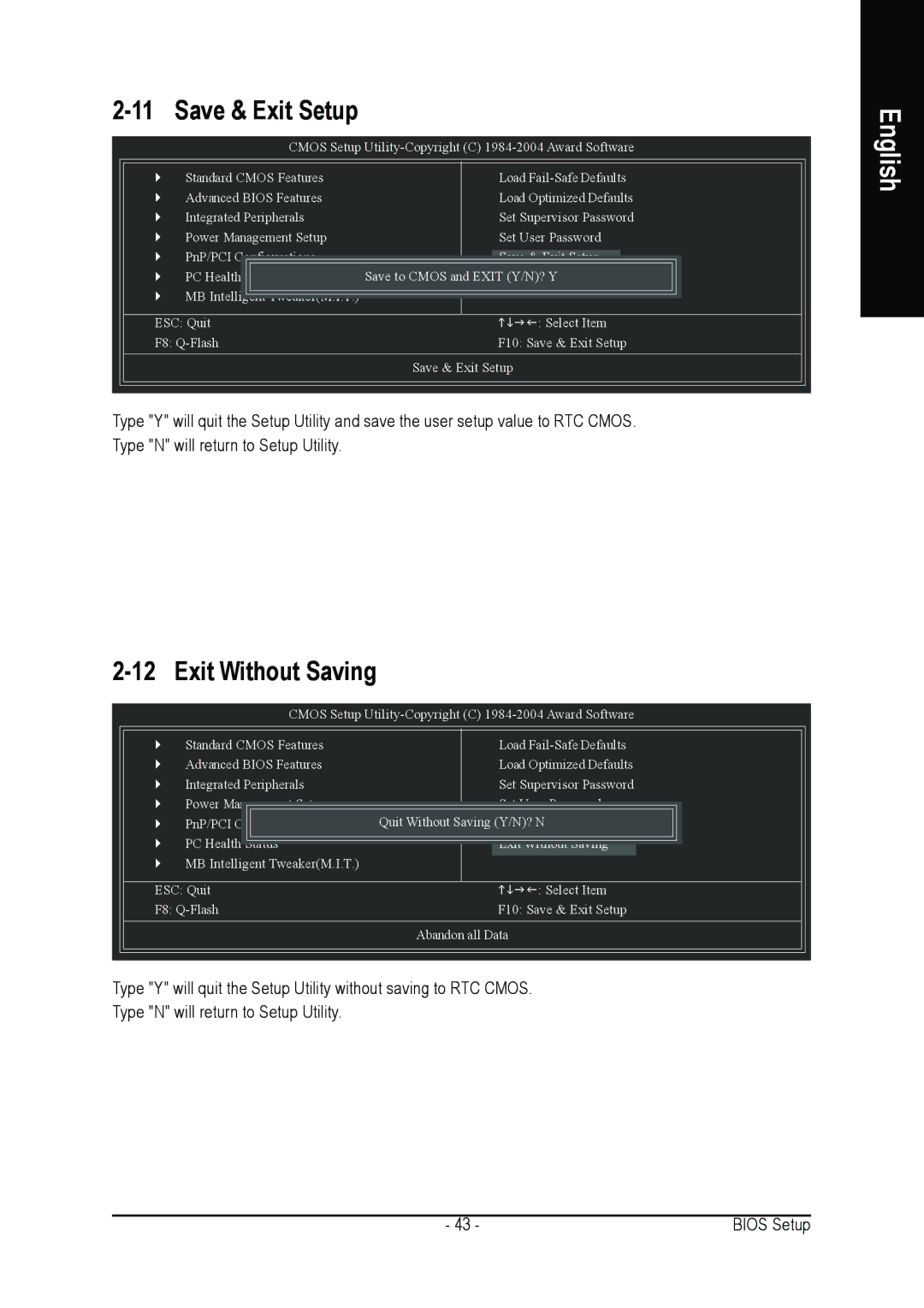 Gigabyte GA-8I865PEM-775 user manual Save & Exit Setup, Exit Without Saving 