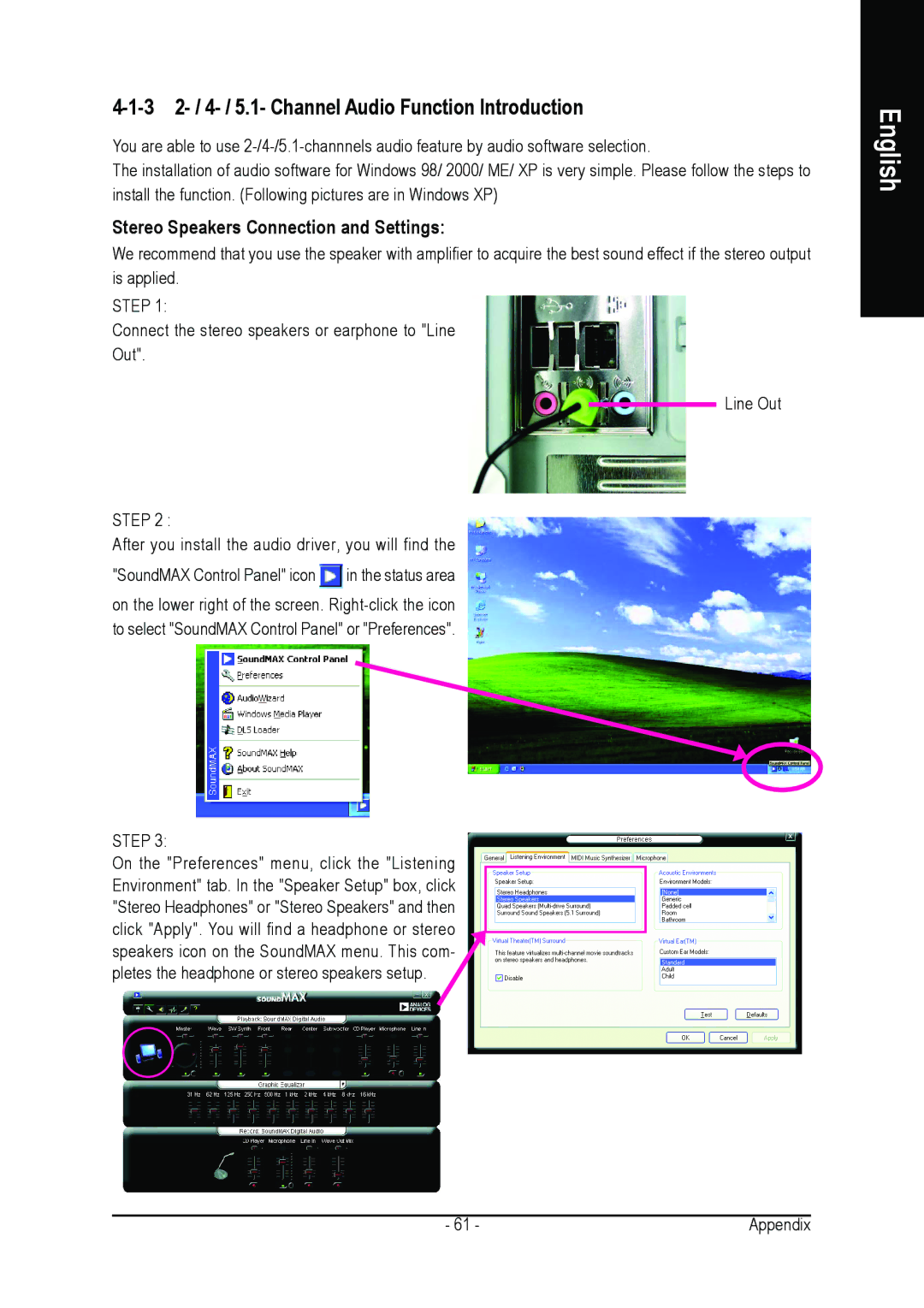 Gigabyte GA-8I865PEM-775 3 2- / 4- / 5.1- Channel Audio Function Introduction, Stereo Speakers Connection and Settings 