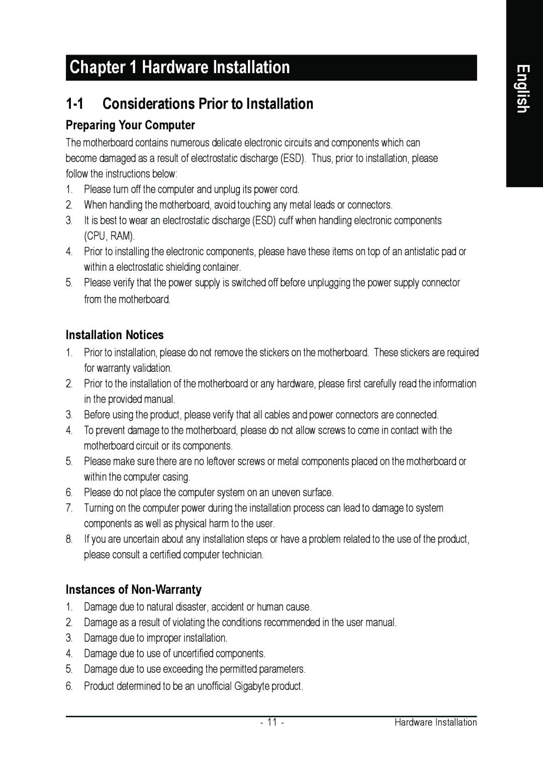 Gigabyte GA-8I915MD-GV user manual Considerations Prior to Installation, Preparing Your Computer, Installation Notices 