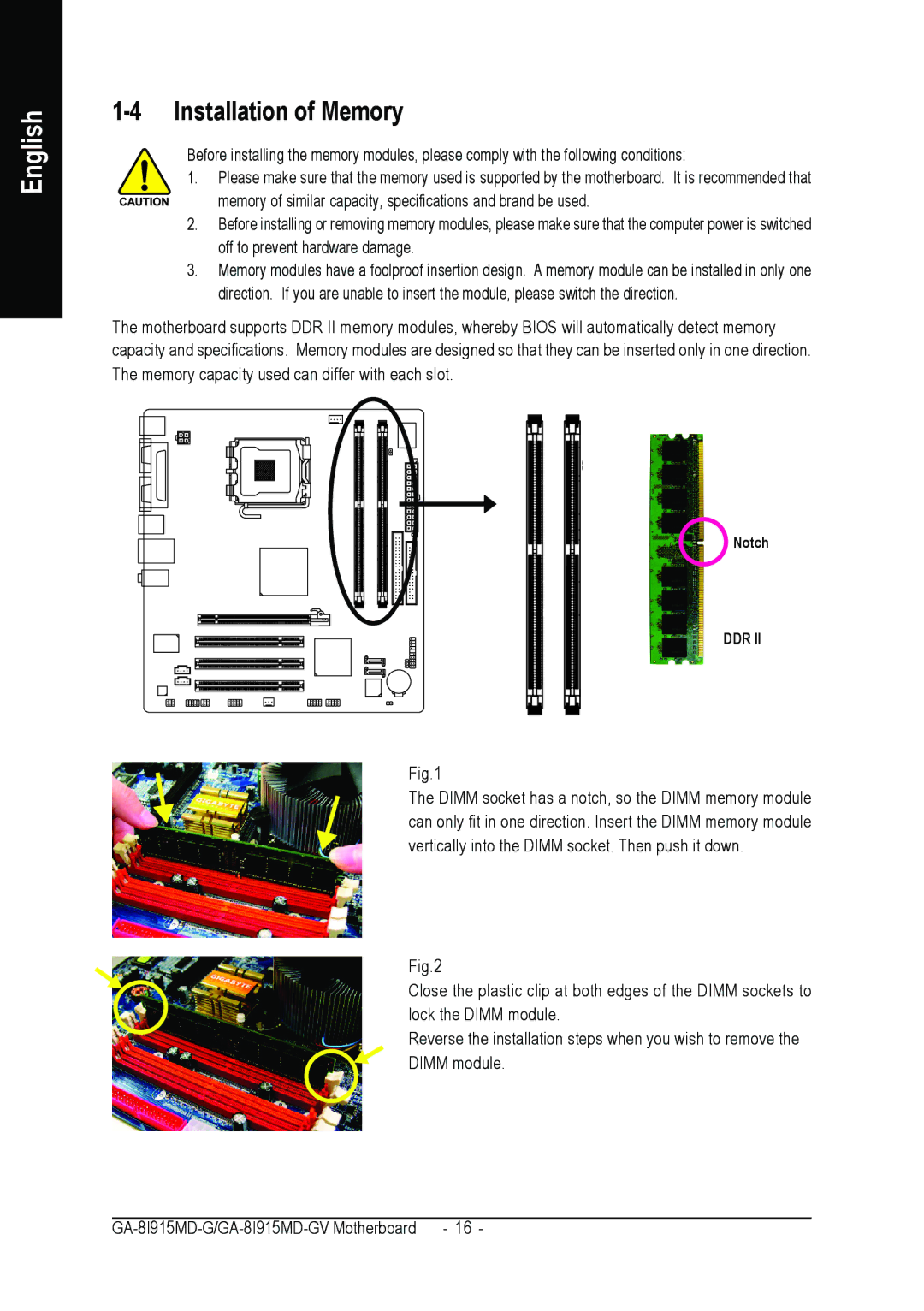 Gigabyte GA-8I915MD-GV user manual Installation of Memory 