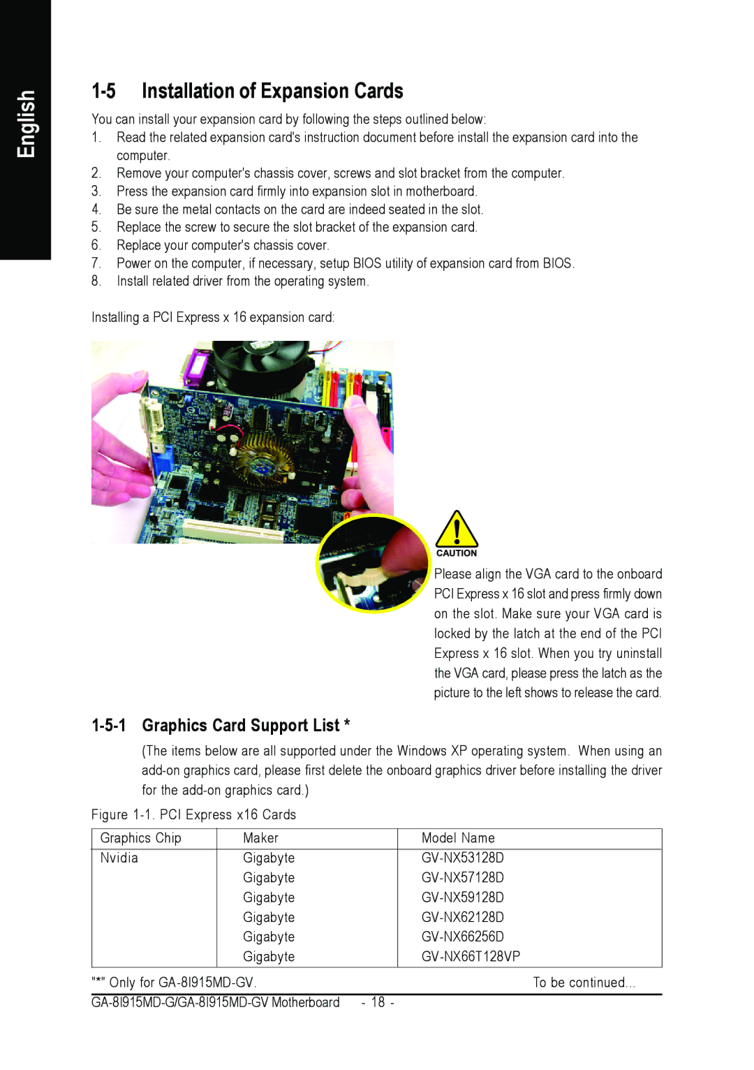 Gigabyte GA-8I915MD-GV user manual Installation of Expansion Cards, Graphics Card Support List 