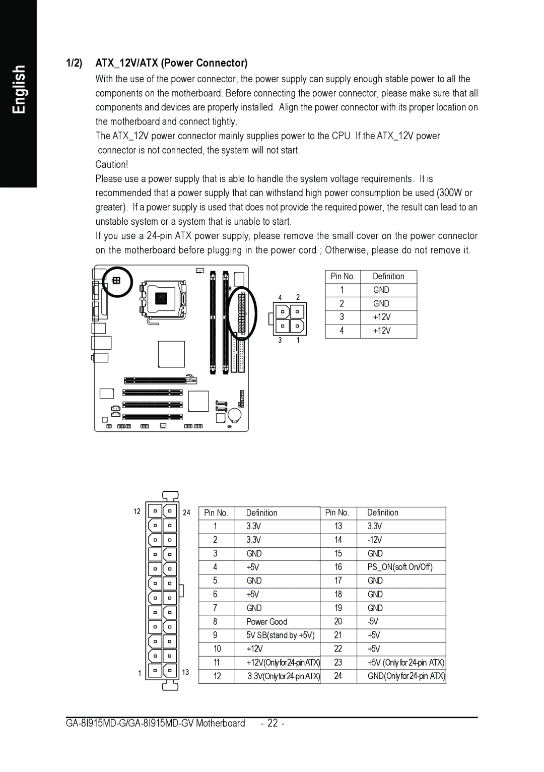 Gigabyte GA-8I915MD-GV user manual ATX12V/ATX Power Connector 