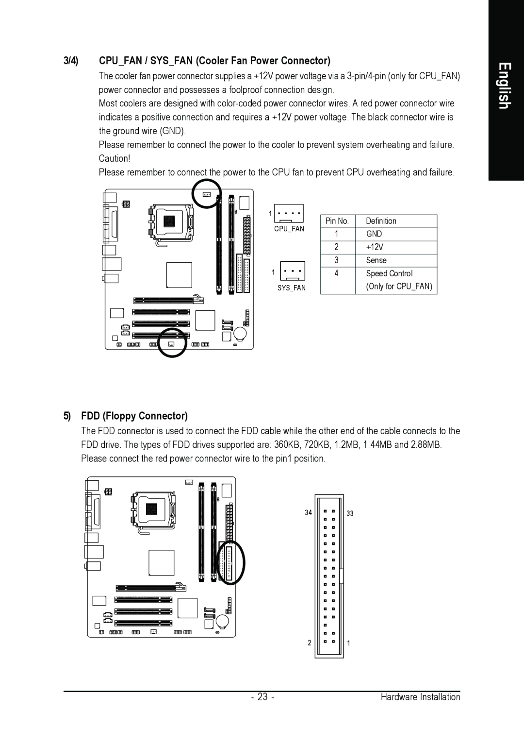 Gigabyte GA-8I915MD-GV user manual Cpufan / Sysfan Cooler Fan Power Connector, FDD Floppy Connector 