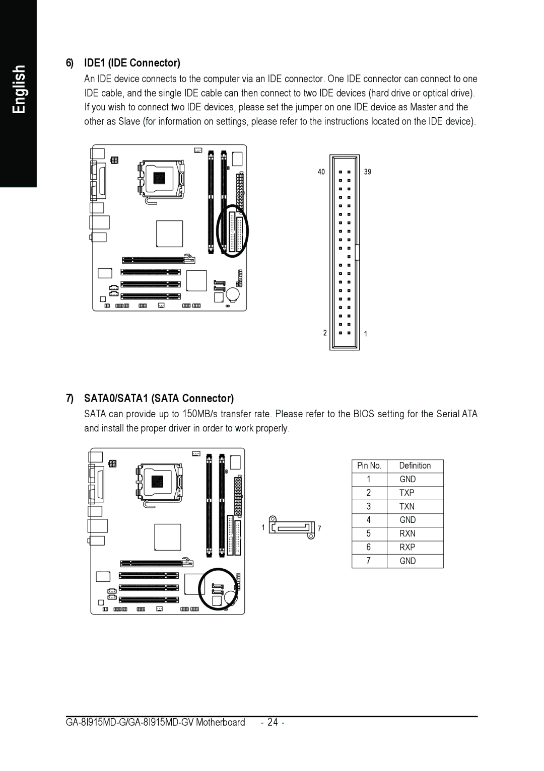 Gigabyte GA-8I915MD-GV user manual IDE1 IDE Connector, SATA0/SATA1 Sata Connector 