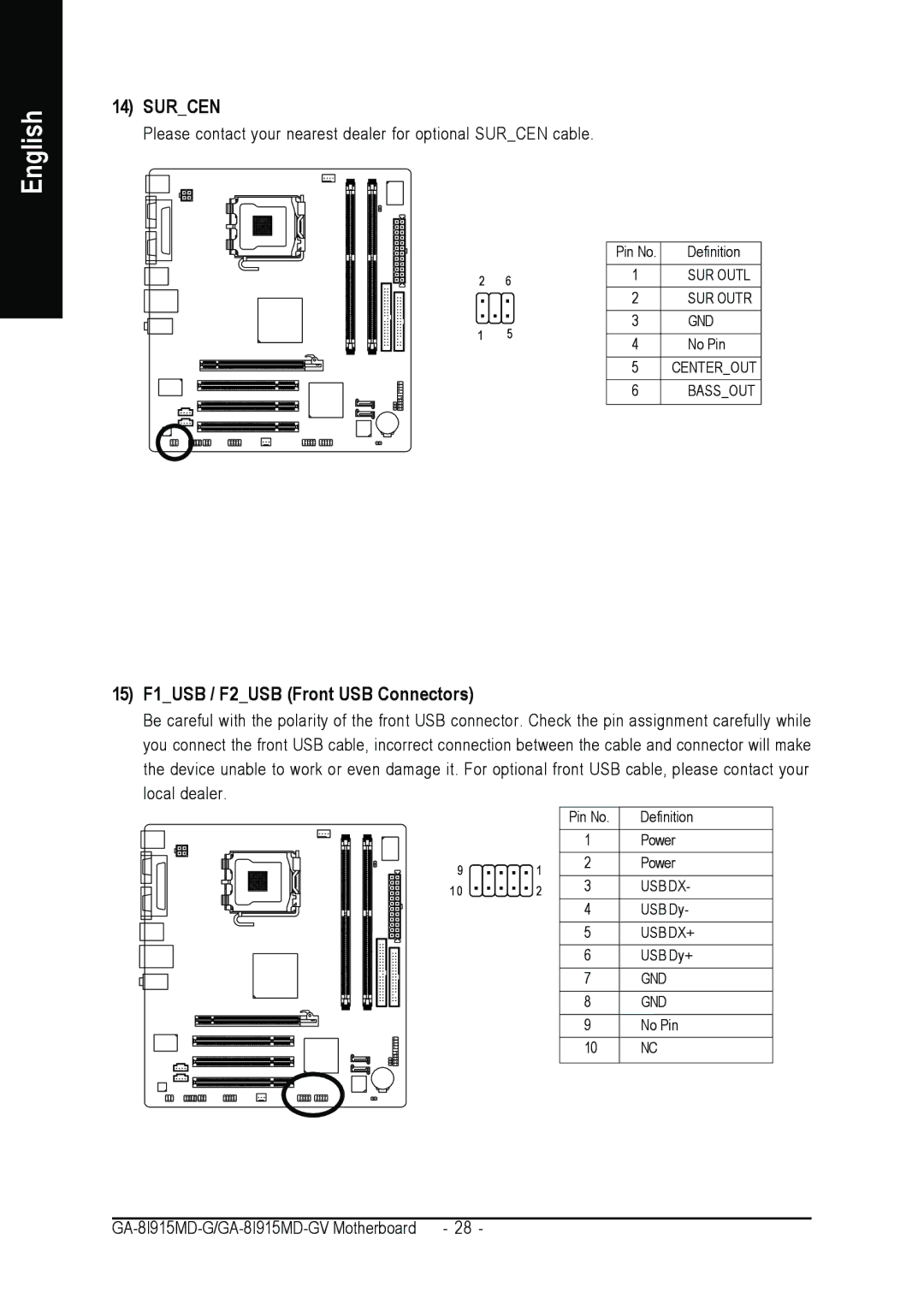 Gigabyte GA-8I915MD-GV user manual Surcen, 15 F1USB / F2USB Front USB Connectors 