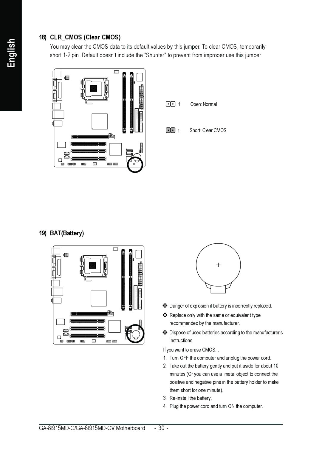 Gigabyte GA-8I915MD-GV user manual Clrcmos Clear Cmos, BATBattery 