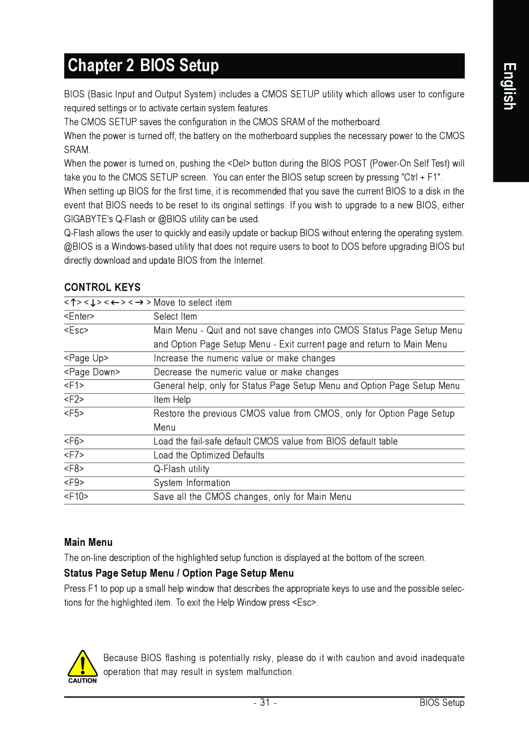 Gigabyte GA-8I915MD-GV user manual Main Menu, Status Page Setup Menu / Option Page Setup Menu 