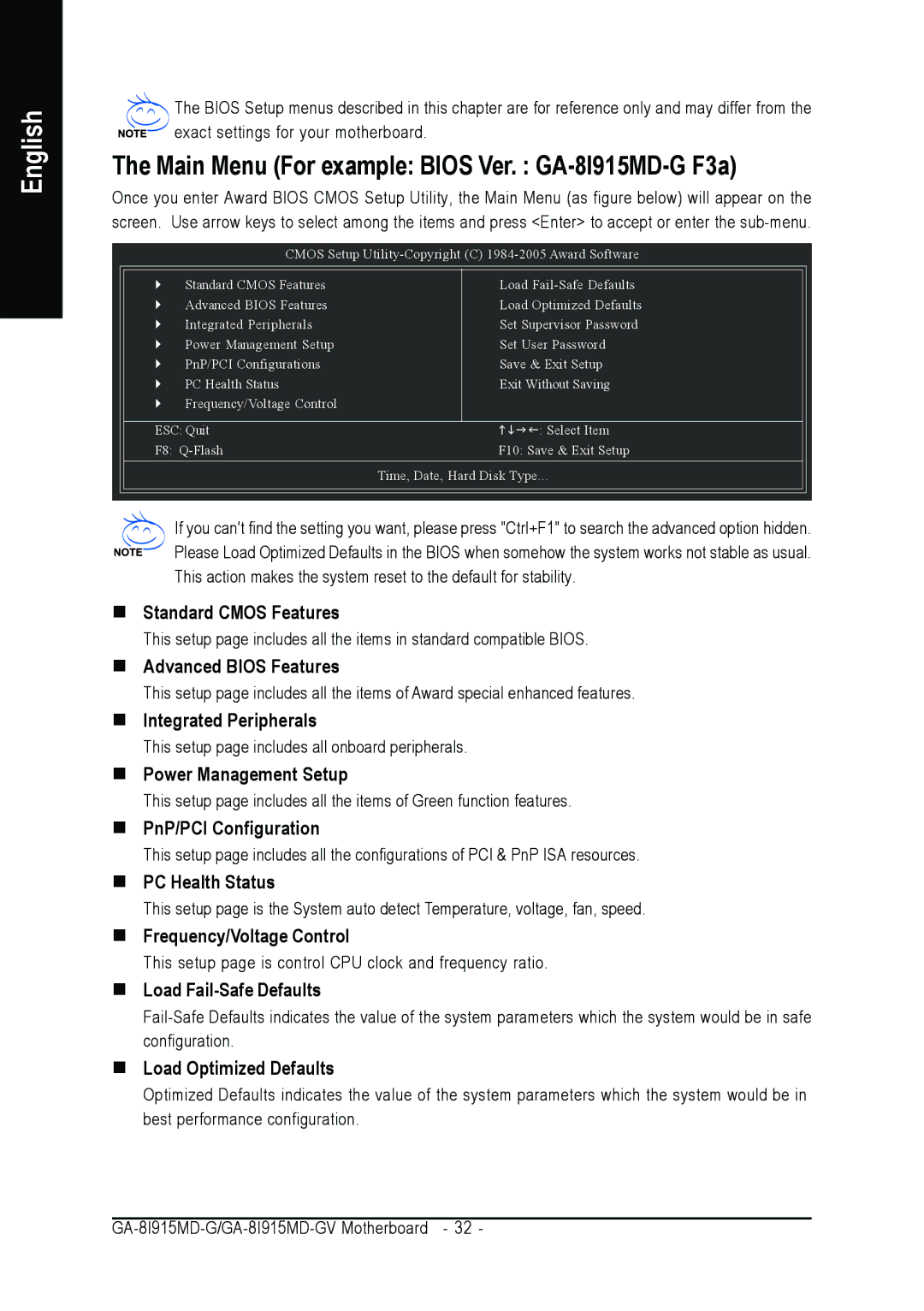 Gigabyte GA-8I915MD-GV user manual Main Menu For example Bios Ver. GA-8I915MD-G F3a 