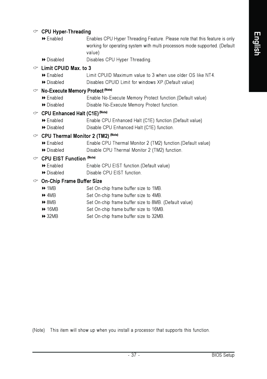 Gigabyte GA-8I915MD-GV CPU Hyper-Threading, Limit Cpuid Max. to, No-Execute Memory Protect Note, CPU Eist Function Note 