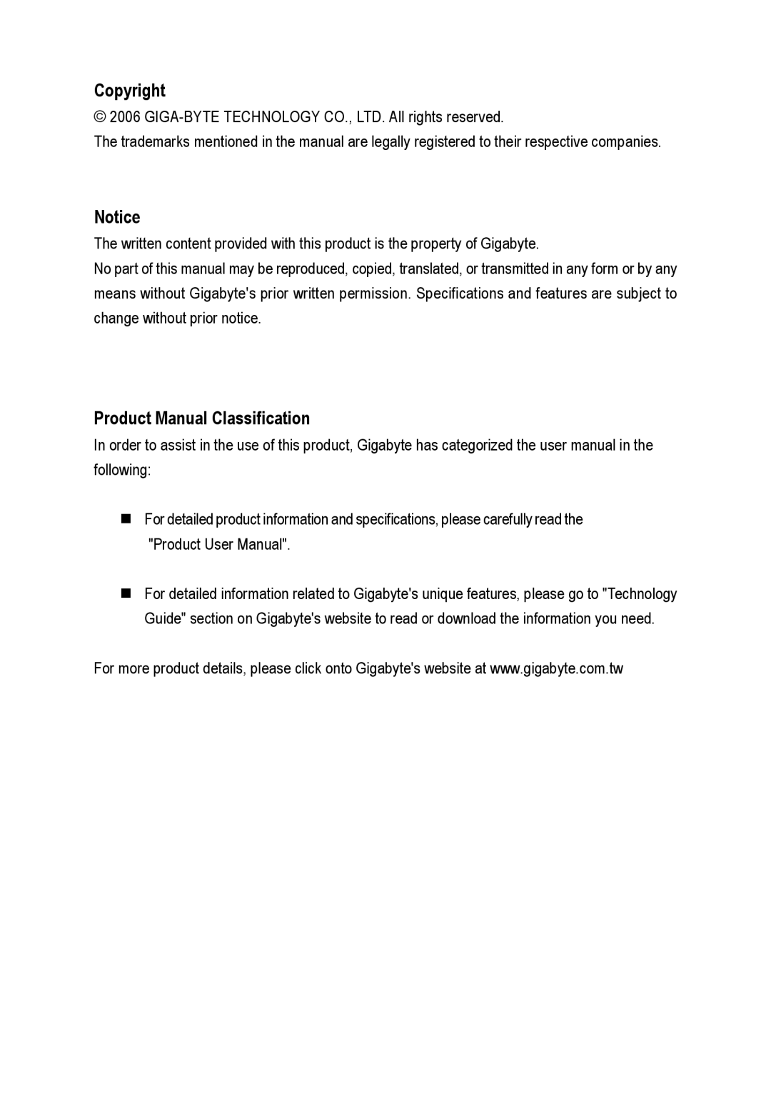 Gigabyte GA-8I915MD-GV user manual Copyright, Product Manual Classification 