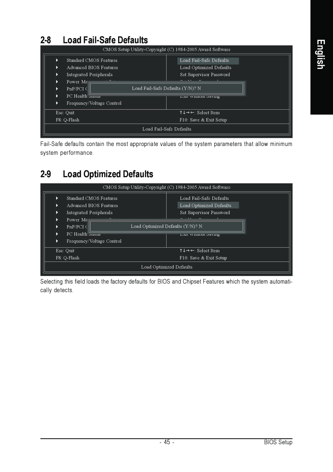 Gigabyte GA-8I915MD-GV user manual Load Fail-Safe Defaults, Load Optimized Defaults 