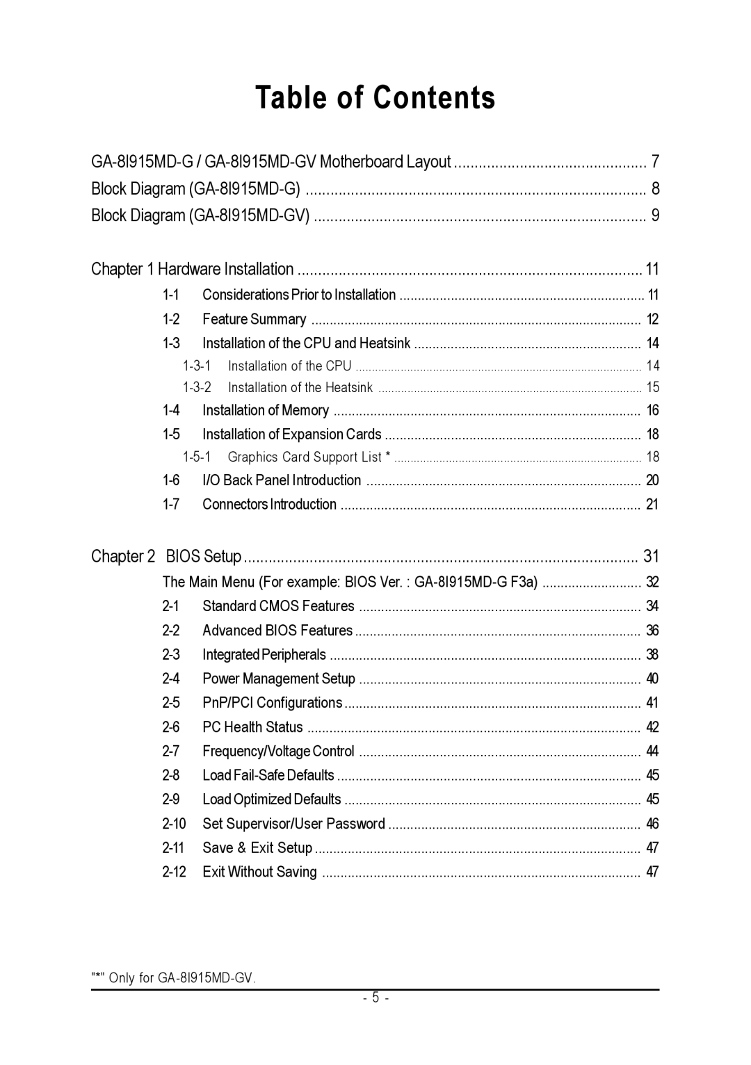 Gigabyte GA-8I915MD-GV user manual Table of Contents 