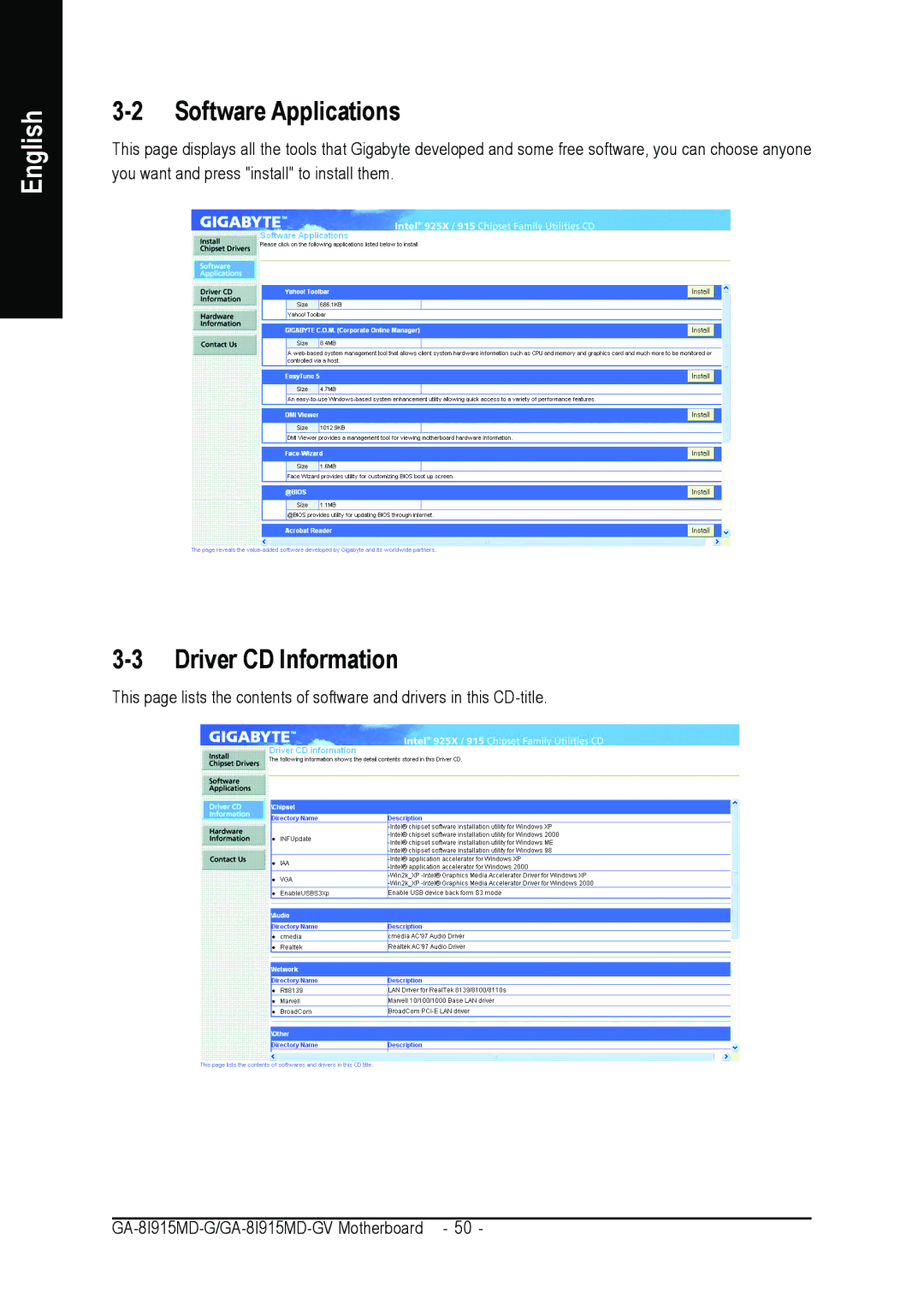 Gigabyte GA-8I915MD-GV user manual Software Applications, Driver CD Information 