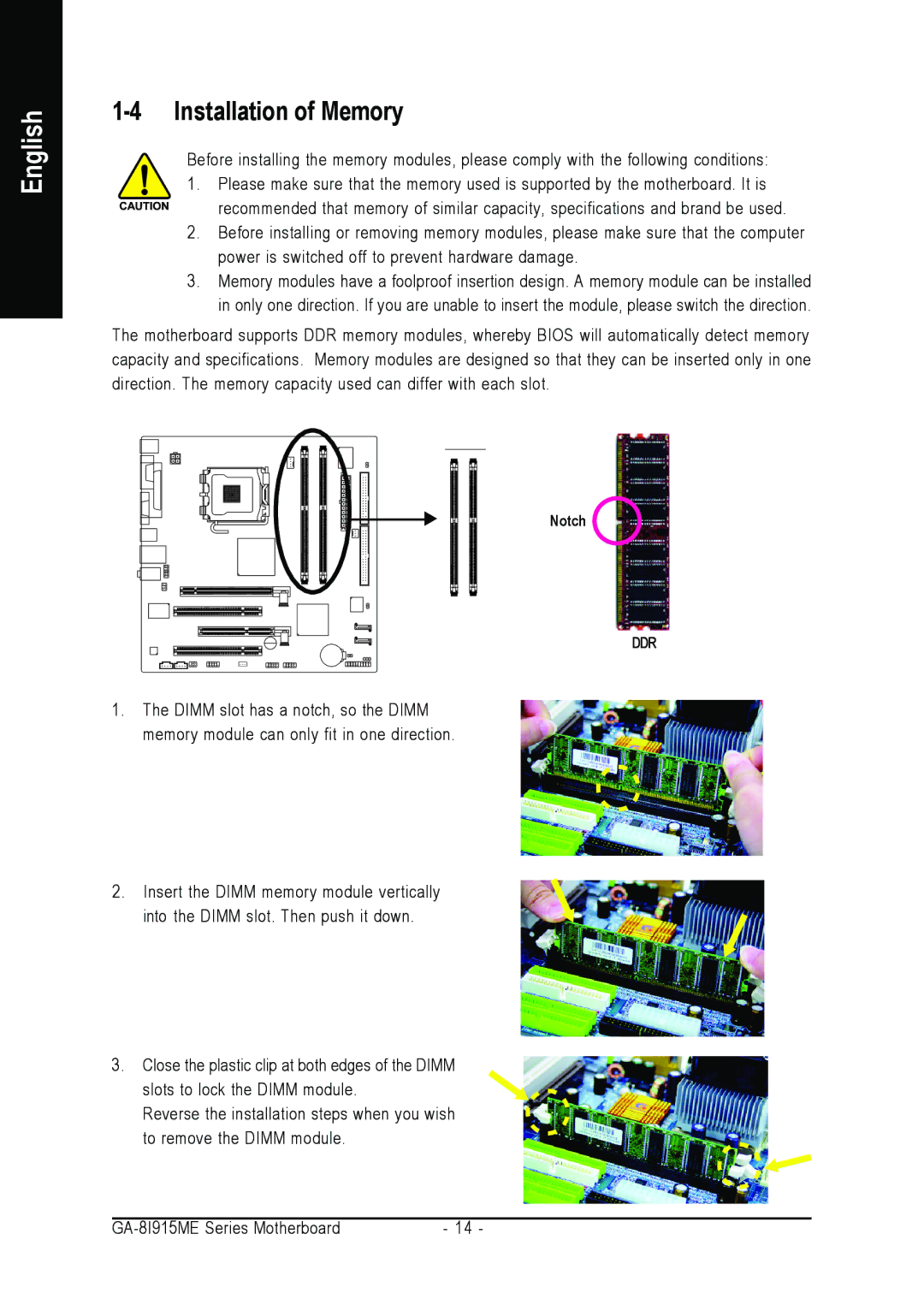 Gigabyte GA-8I915ME Series user manual Installation of Memory 