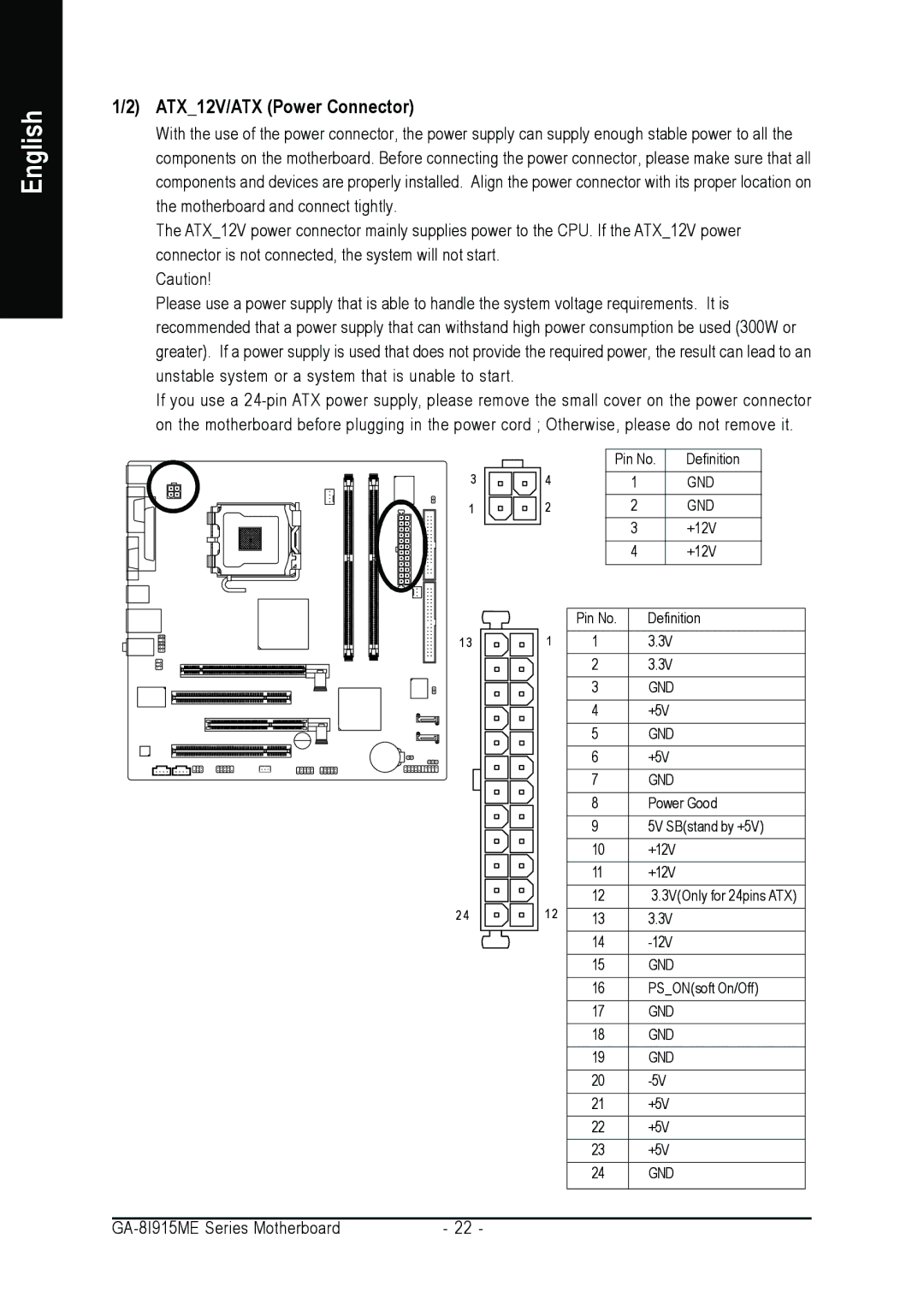 Gigabyte GA-8I915ME Series user manual ATX12V/ATX Power Connector 