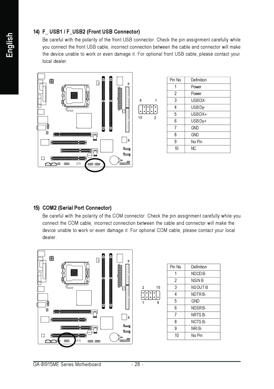 Gigabyte GA-8I915ME Series user manual USB1 / FUSB2 Front USB Connector, 15 COM2 Serial Port Connector 