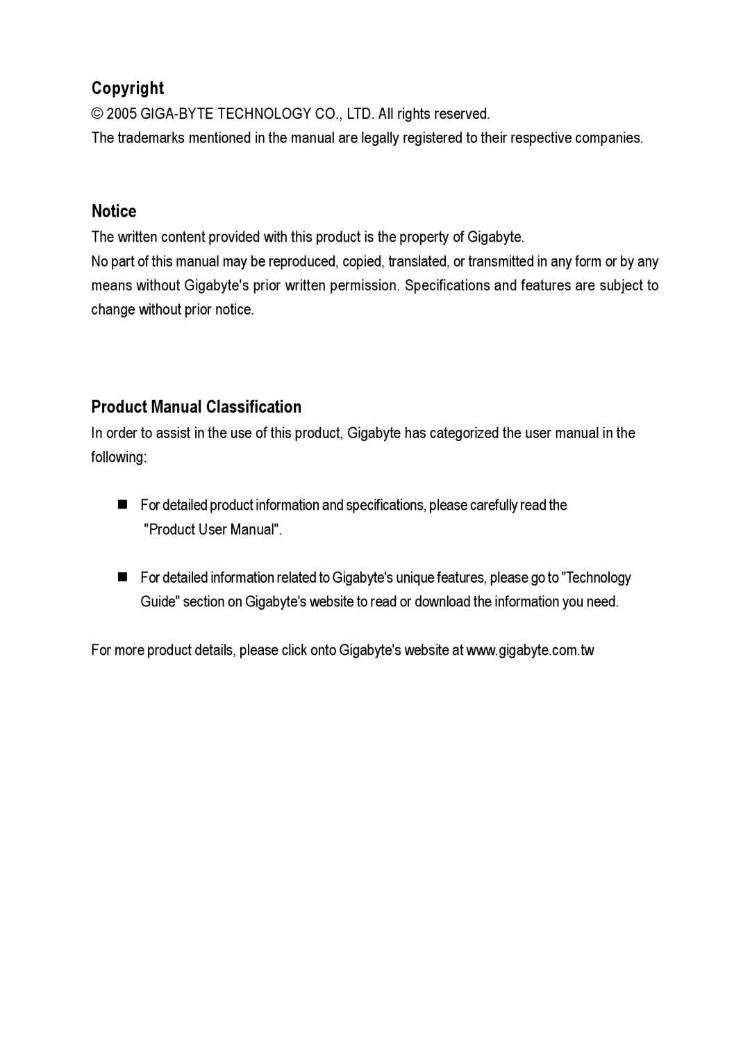 Gigabyte GA-8I915ME Series user manual Copyright, Product Manual Classification 